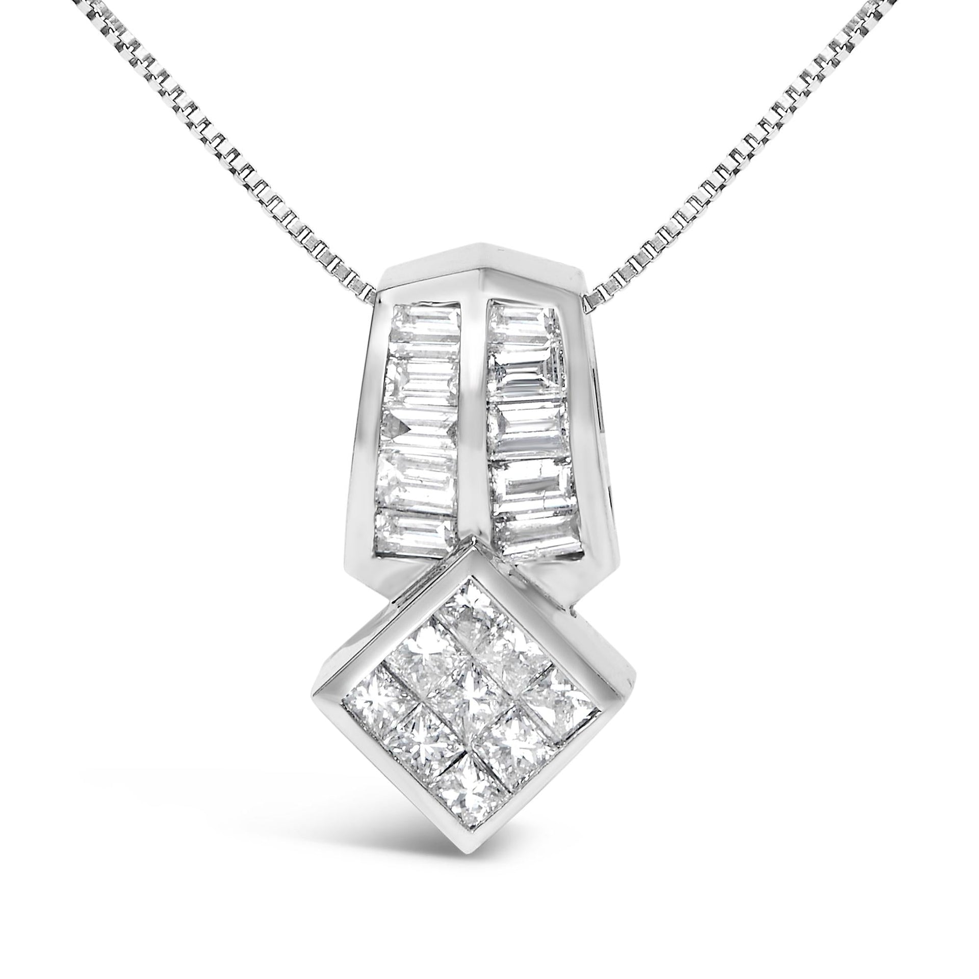 14K White Gold 1 1/2 cttw Princess and Baguette Cut Diamond Multi-shape Pendant Necklace (G-H, VS1-VS2)