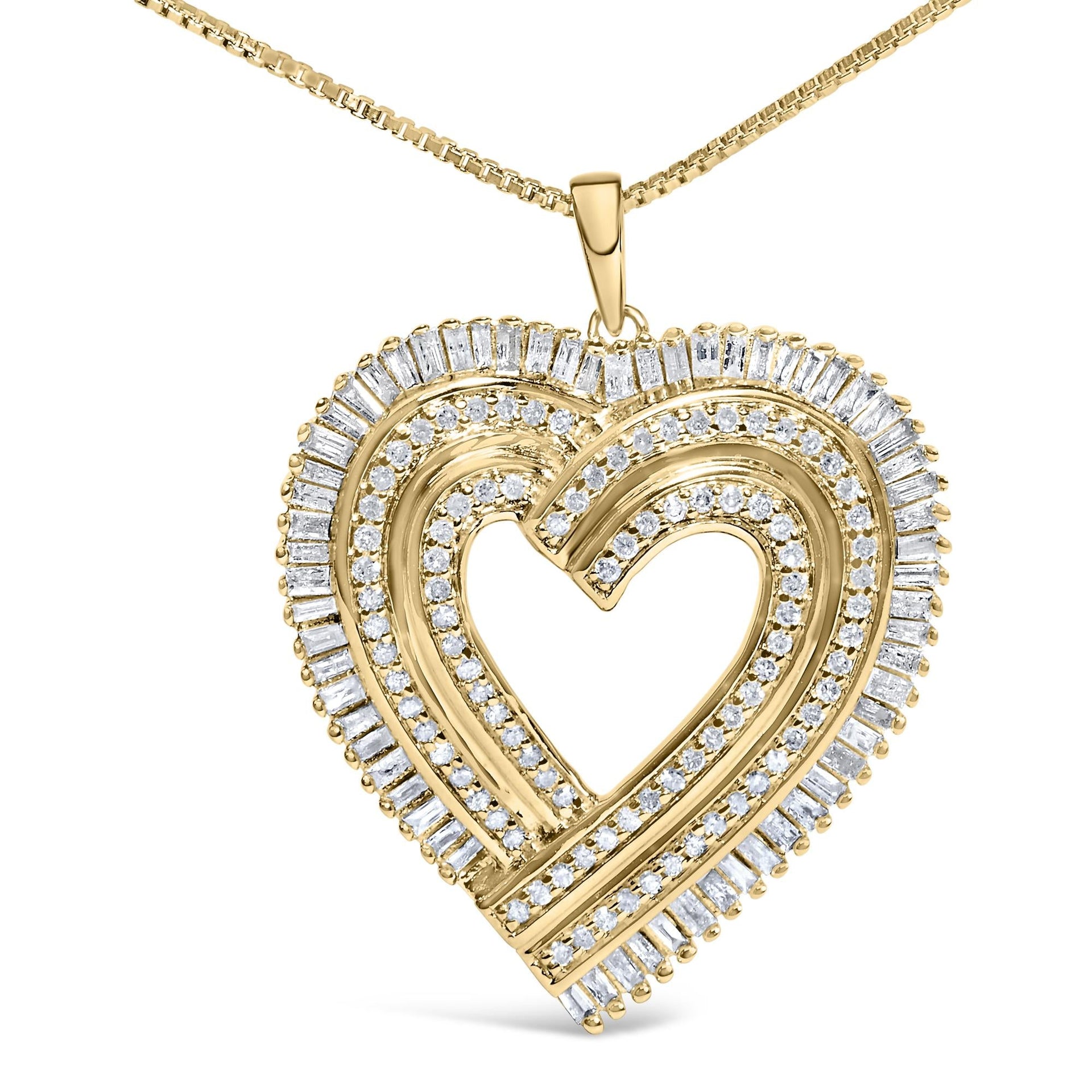 14K Yellow Gold Plated .925 Sterling Silver 1/4 Cttw Round and Baguette-Cut Diamond Composite Heart 18' Pendant Necklace (H-I Color, SI2-I1 Clarity)