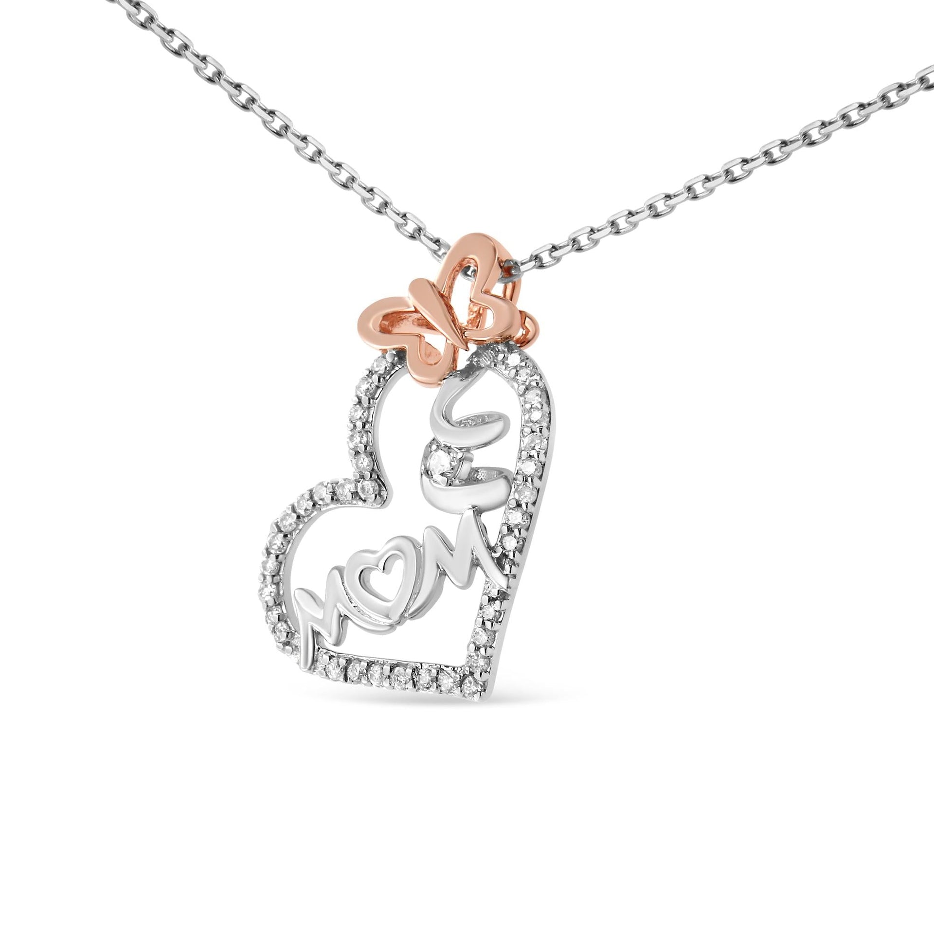 Two Tone .925 Sterling Silver 1/5 cttw Diamond 'Mom' and Heart Pendant Necklace (H-I, I1-I2)