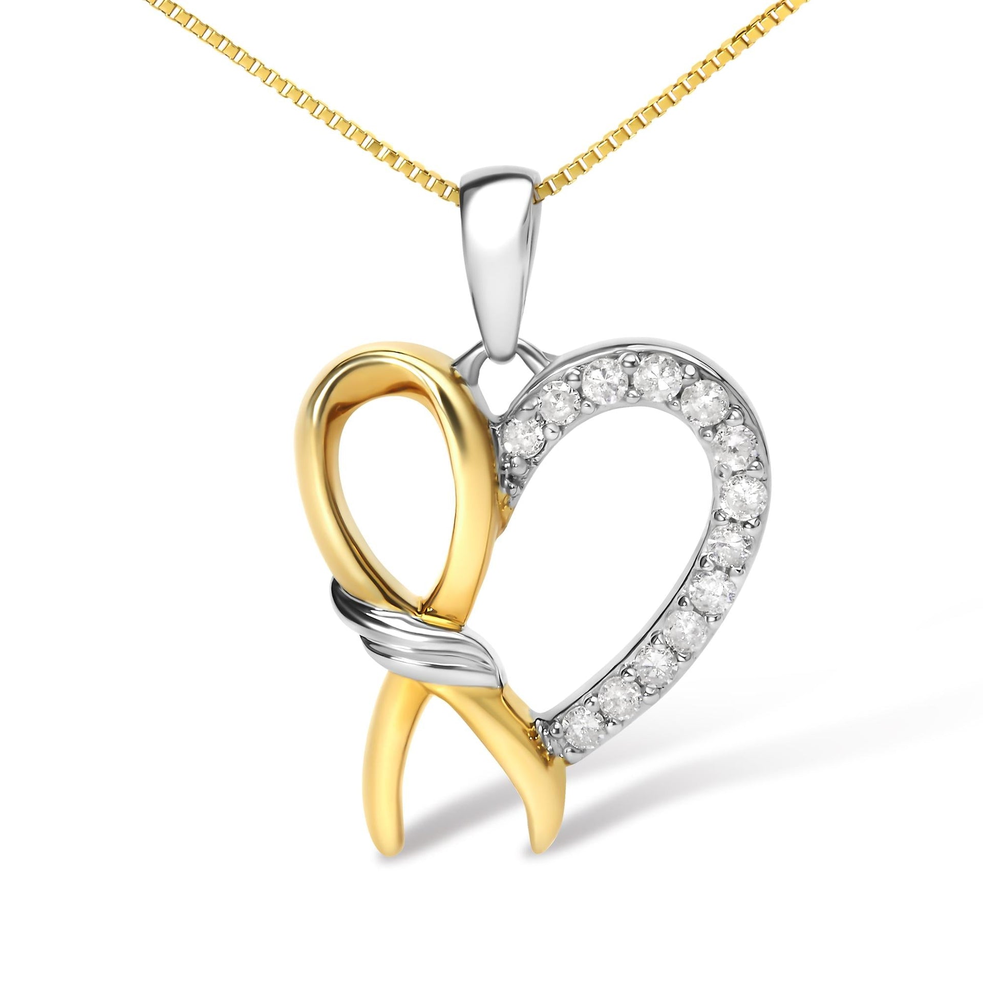 10K Yellow Gold Plated .925 Sterling Silver 1/5 Cttw Diamond Ribbon Heart Pendant Necklace (H-I Color, I2-I3 Clarity) - 18'