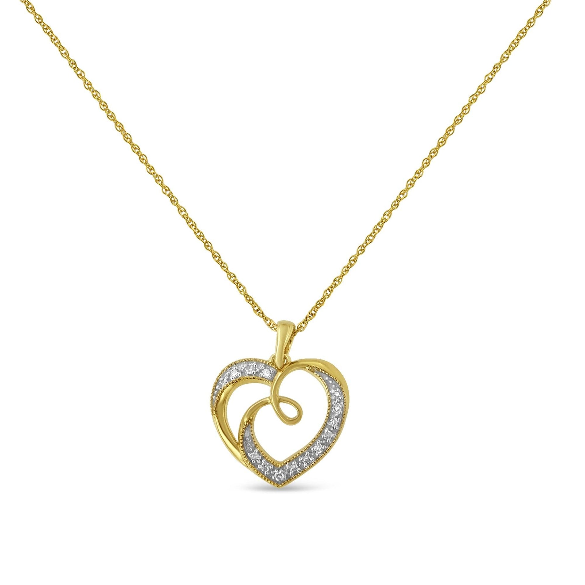 14K Yellow Gold Plated .925 Sterling Silver Diamond Accent Ribbon & Heart 18' Pendant Necklace (H-I Color, I2-I3 Clarity)