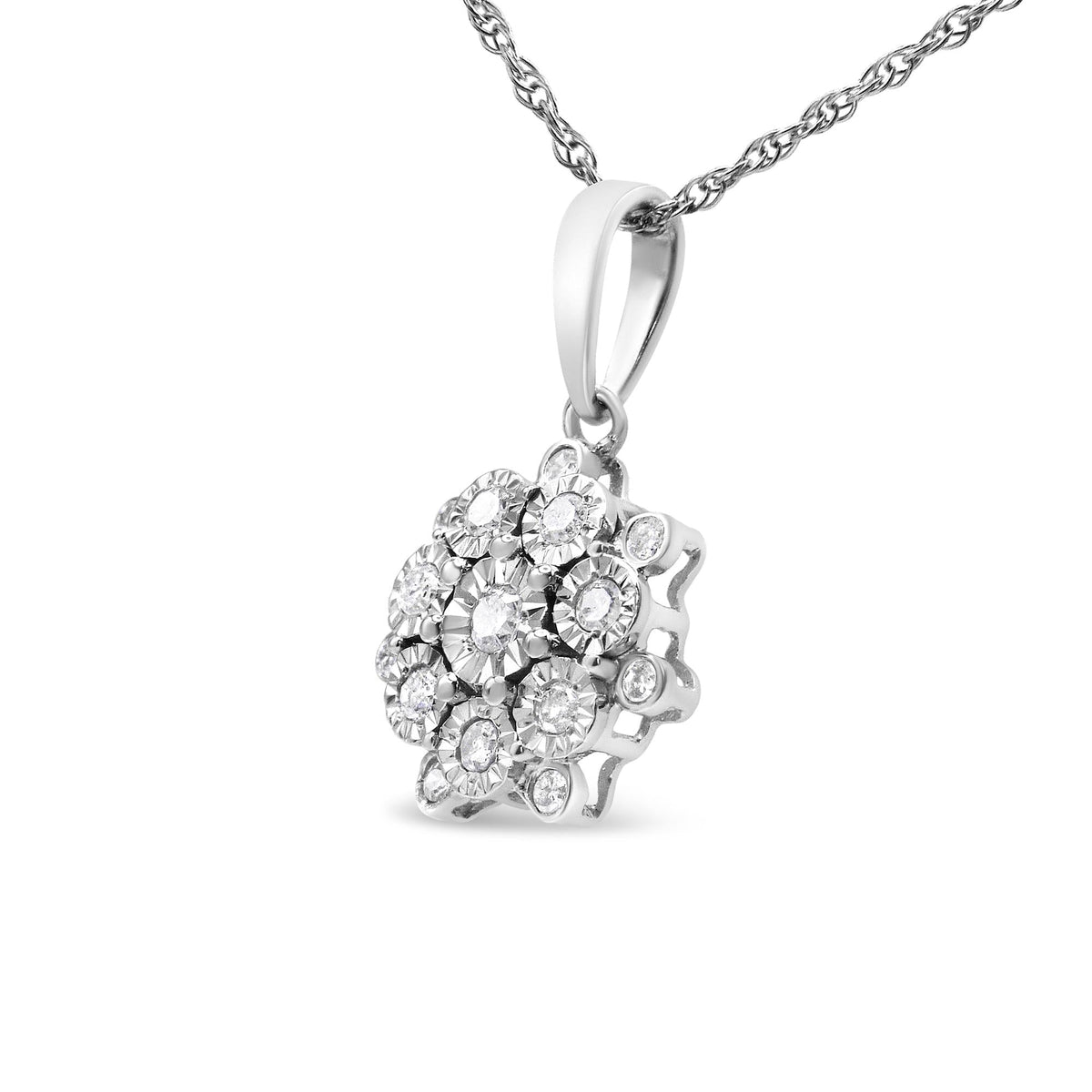 .925 Sterling Silver 1/4 Cttw Miracle Set Diamond Floral Cluster 18' Pendant Necklace for Women (I-J Color, I1-I2 Clarity)
