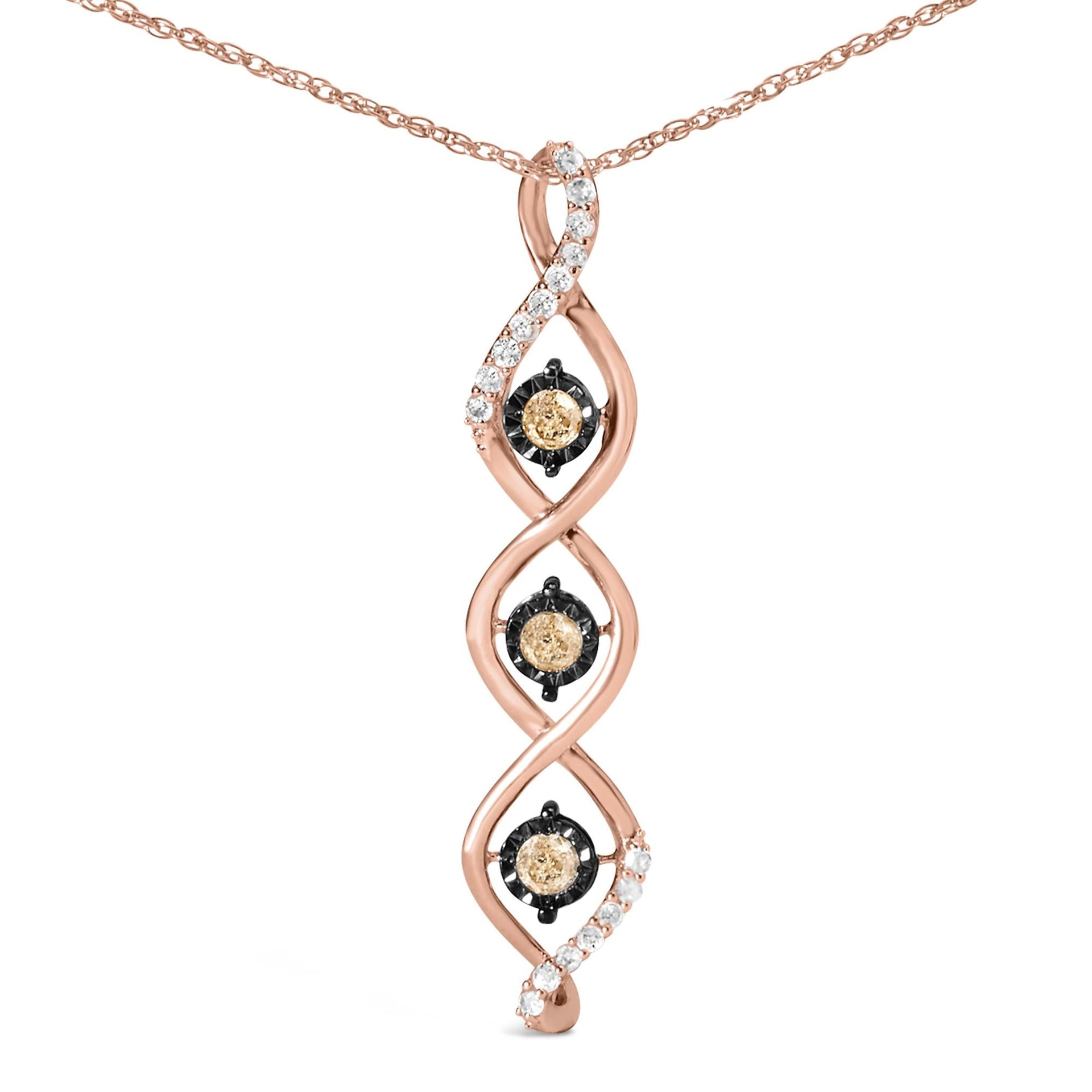 10K Two Toned Gold Plated .925 Sterling Silver 1/2 Cttw Round Diamond Twisted 18' Pendant Necklace (Champagne Color, I2-I3 Clarity)