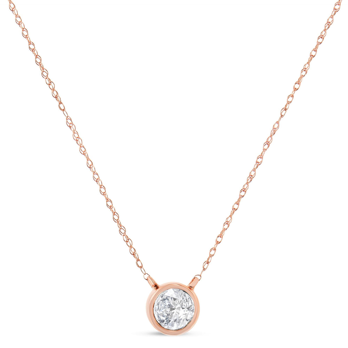 AGS Certified 10K Rose Gold 1/5 Cttw Bezel Set Round Diamond Solitaire 16-18' Adjustable Pendant Necklace (I-J Color, VS1-VS2 Clarity)