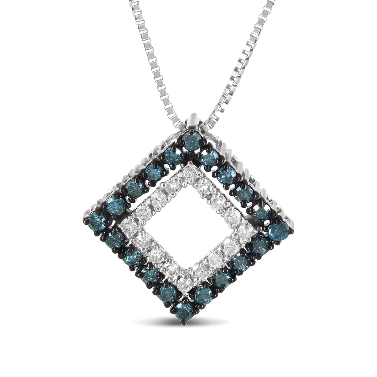 .925 Sterling Silver 1/2 Cttw Treated Blue and White Diamond Double Rhombus 18' Pendant Necklace (Blue/I-J Color, I2-I3 Clarity)