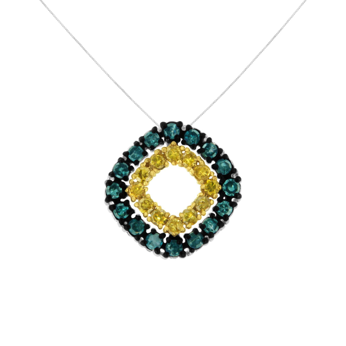 .925 Sterling Silver 1/2 Cttw Treated Blue and Yellow Diamond Double Square 18' Pendant Necklace (Blue/Yellow Color, I2-I3 Clarity)