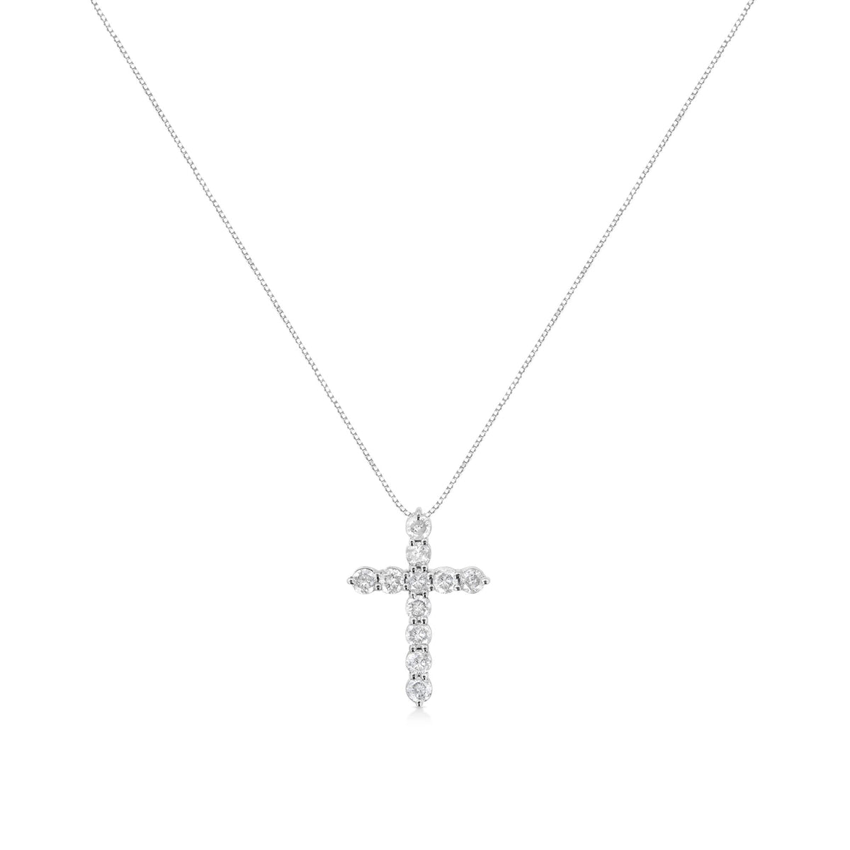 .925 Sterling Silver 1.0 Cttw Prong Set Round-Cut Diamond Cross 18' Pendant Necklace (I-J Color, I2-I3 Clarity)