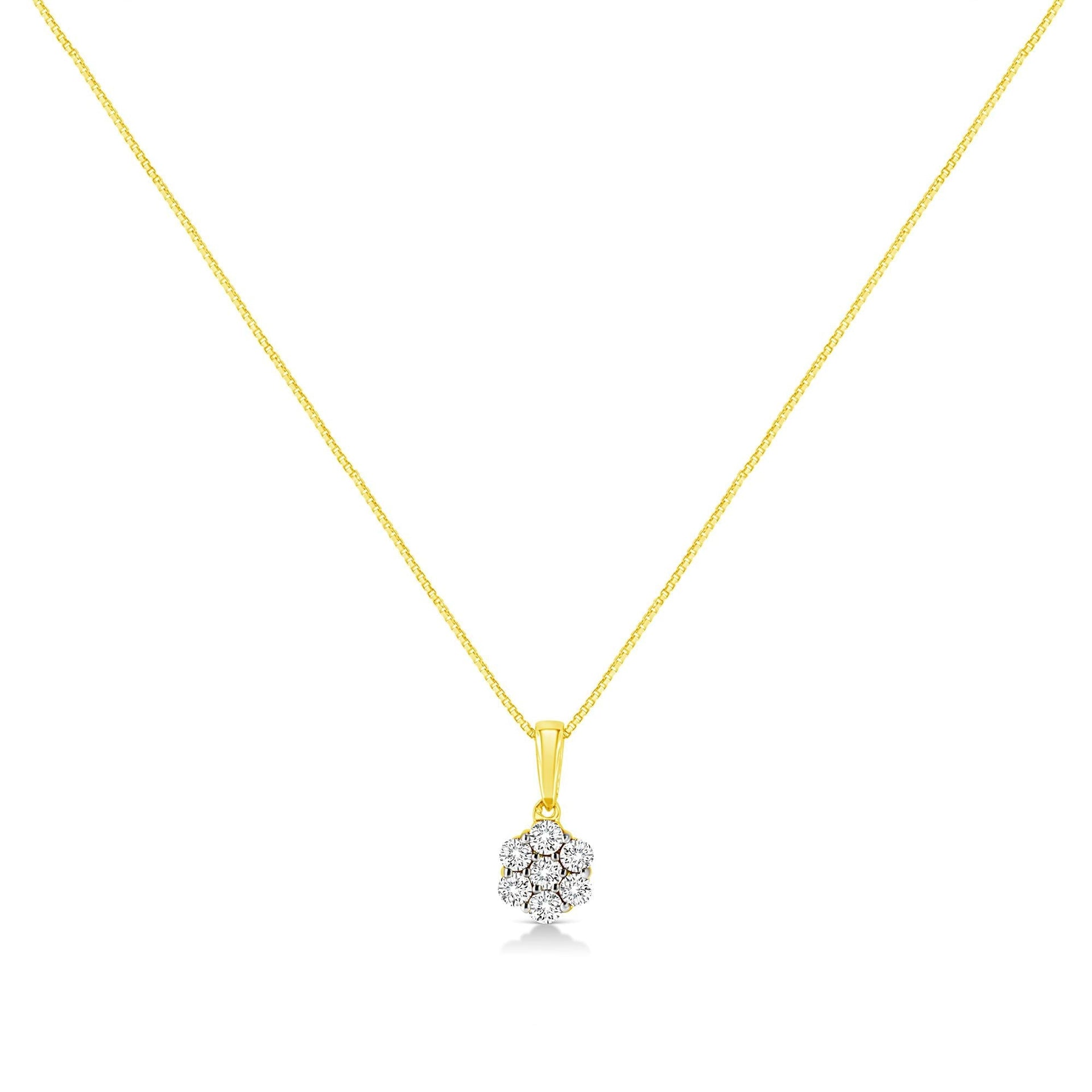 14K Yellow Gold 1/4 Cttw Prong Set Round-Cut Diamond 7 Stone Floral Cluster 18' Pendant Necklace (H-I Color, I1-I2 Clarity)