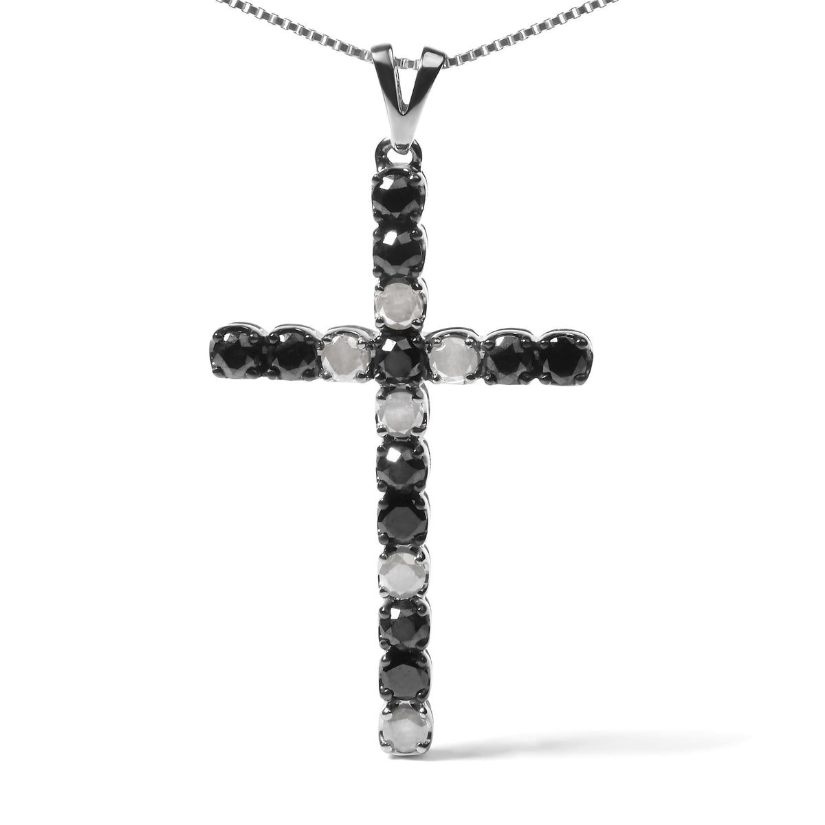 .925 Sterling Silver 1.0 Cttw Black and White Diamond Alternating Classic Cross 18' Pendant Necklace (Black/I-J Color, I3 Clarity)'