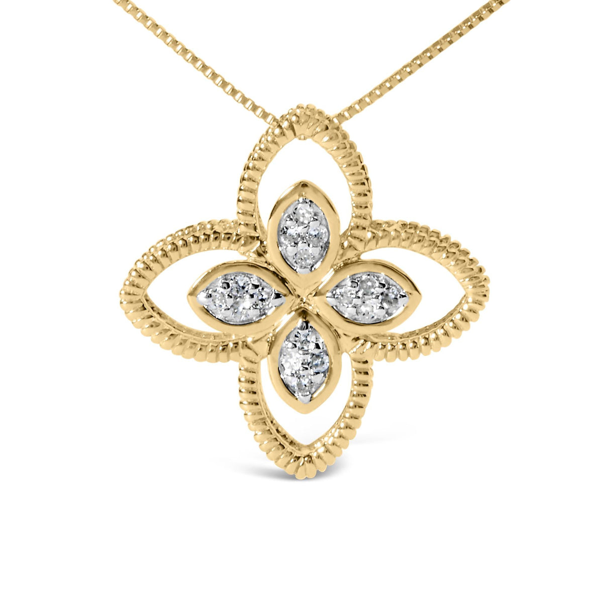 10K Yellow Gold 1/10 Cttw Diamond Floral Motif with Beaded Halo Pendant 18' Necklace (I-J Color, I1-I2 Clarity)