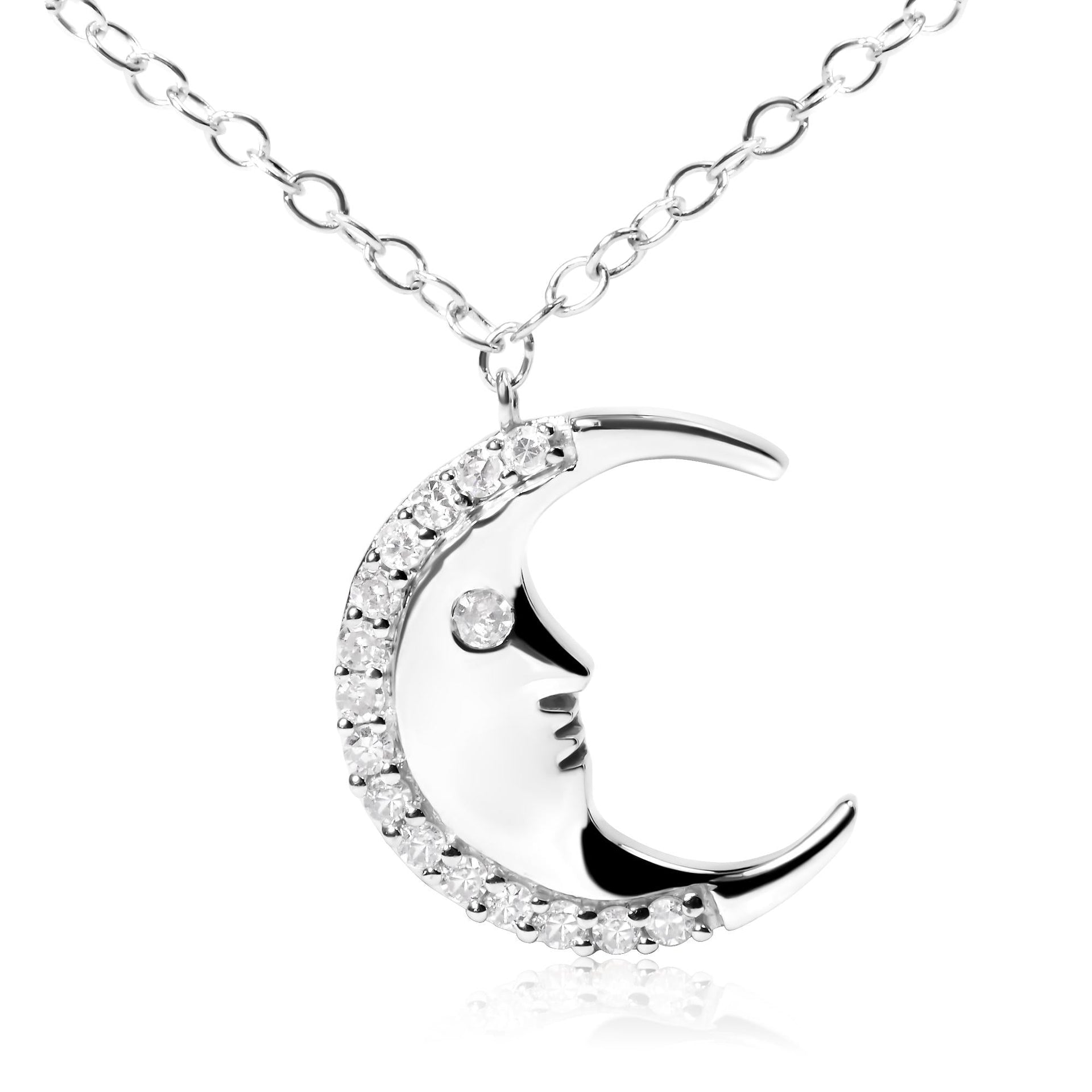 .925 Sterling Silver 1/10ct Diamond Crescent Man on the Moon 18' Pendant Necklace (H-I Color, SI1-SI2 Clarity)