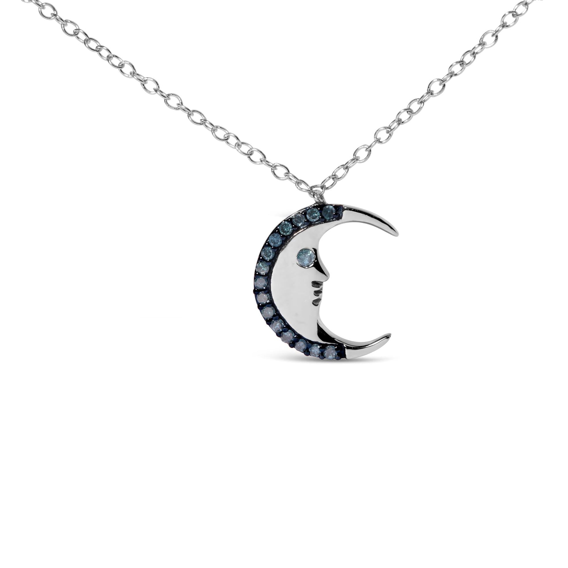 .925 Sterling Silver 1/10ct Blue Diamond Crescent Man on the Moon 18' Pendant Necklace (Blue Color, SI1-SI2 Clarity)