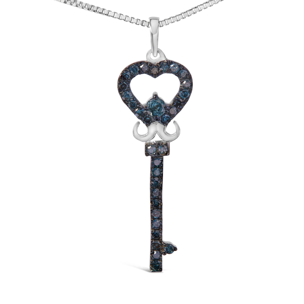.925 Sterling Silver 1/3 Ctw Blue Diamond Studded Key 18' Pendant Necklace (Blue Color, I2-I3 Clarity)