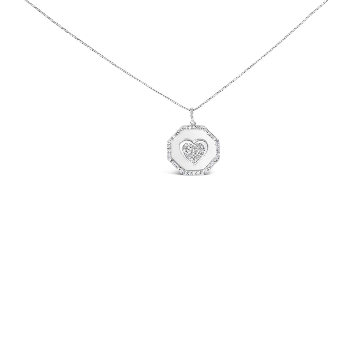 .925 Sterling Silver 5/8 Cttw Diamond Mirror Plate with Heart and Diamond Halo 18' Pendant Necklace (H-I Color, I2-I3 Clarity)