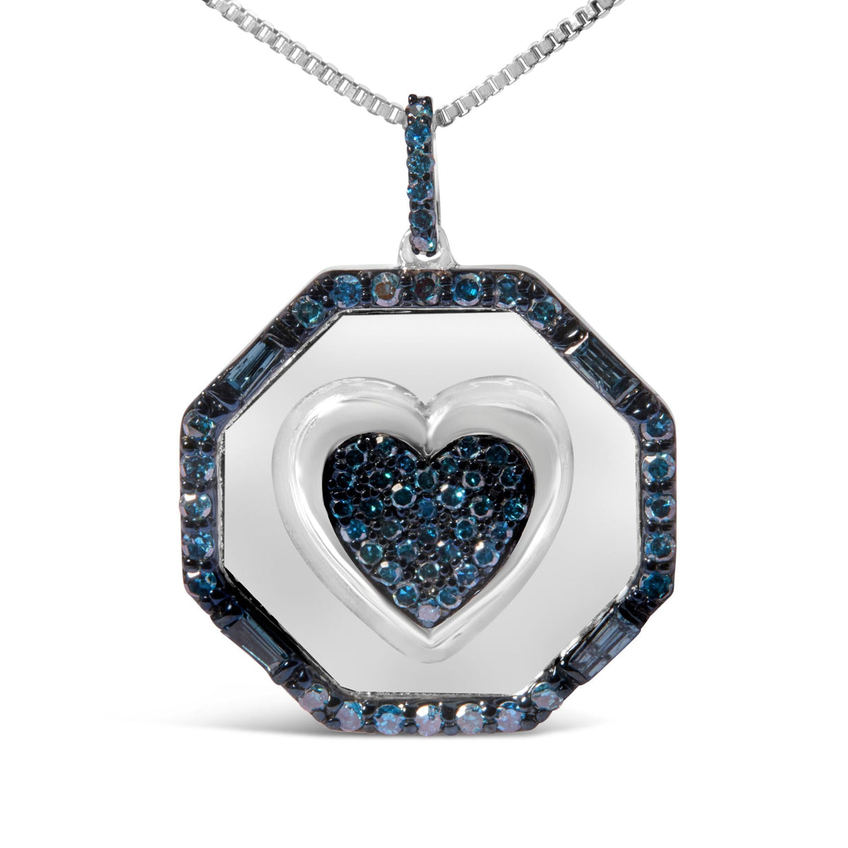 .925 Sterling Silver 5/8 Cttw Blue Diamond Mirror Plate with Heart and Diamond Halo 18' Pendant Necklace (Blue Color, I2-I3 Clarity)