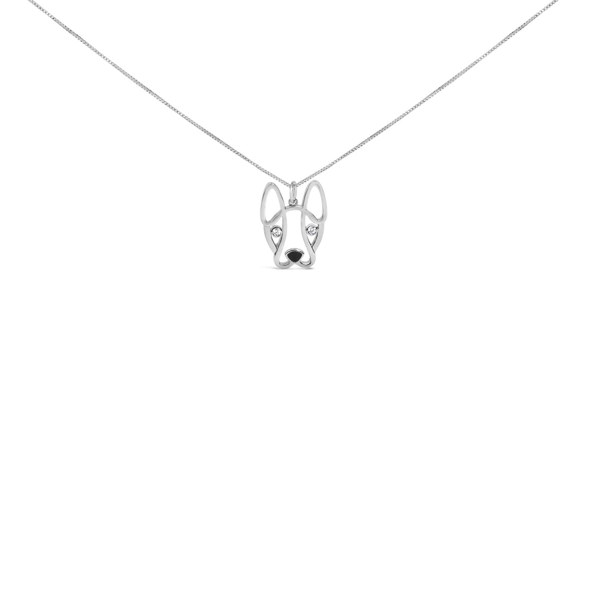 .925 Sterling Silver Diamond Accent and Black Enamel French Bullldog 18' Inch Pendant Necklace inch (I-J Color, I2-I3 Clarity)