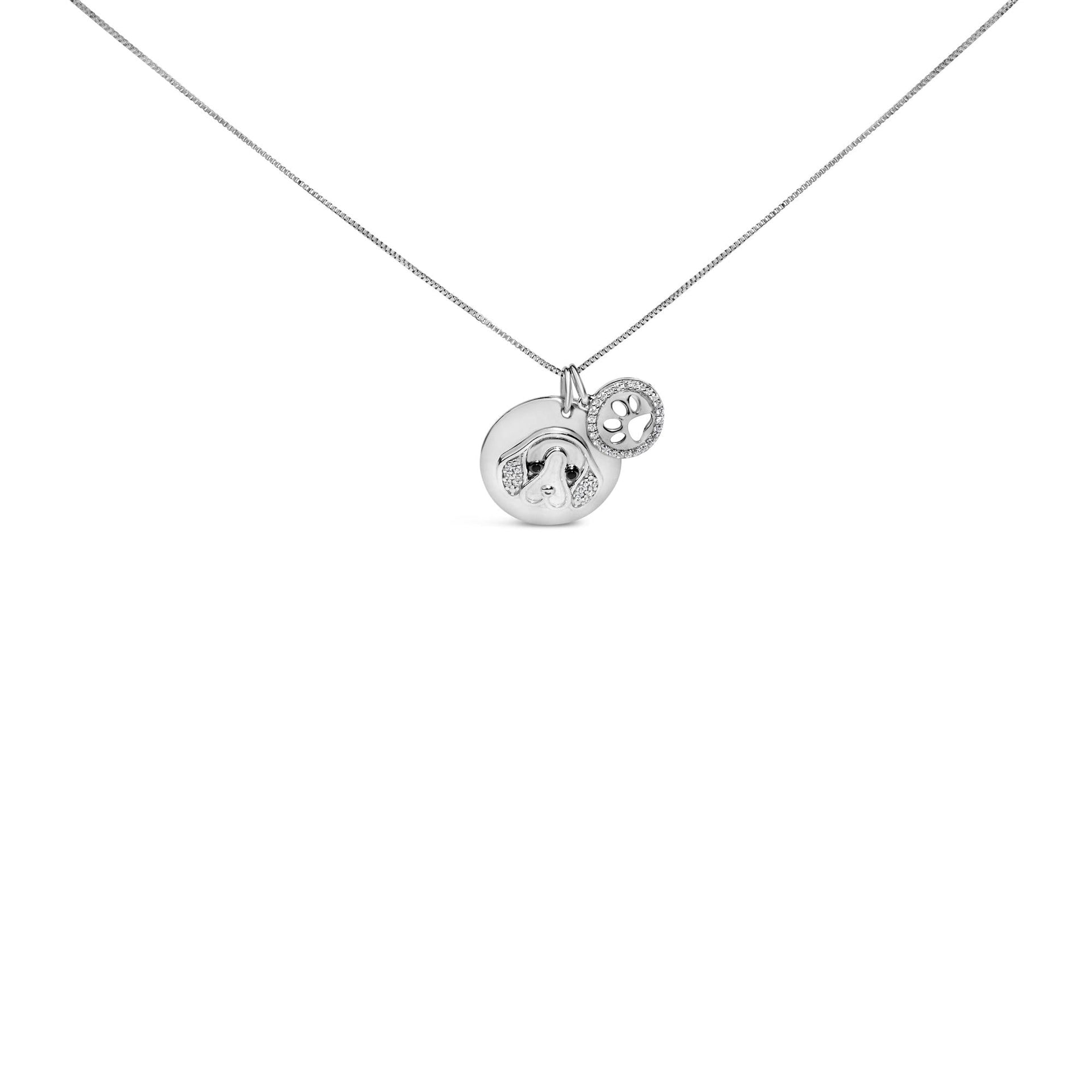 .925 Sterling Silver 1/5 Cttw White and Black Diamond Beagle Dog Medallion and Charm 18' Pendant Necklace (I-J Color, I2-I3 Clarity)