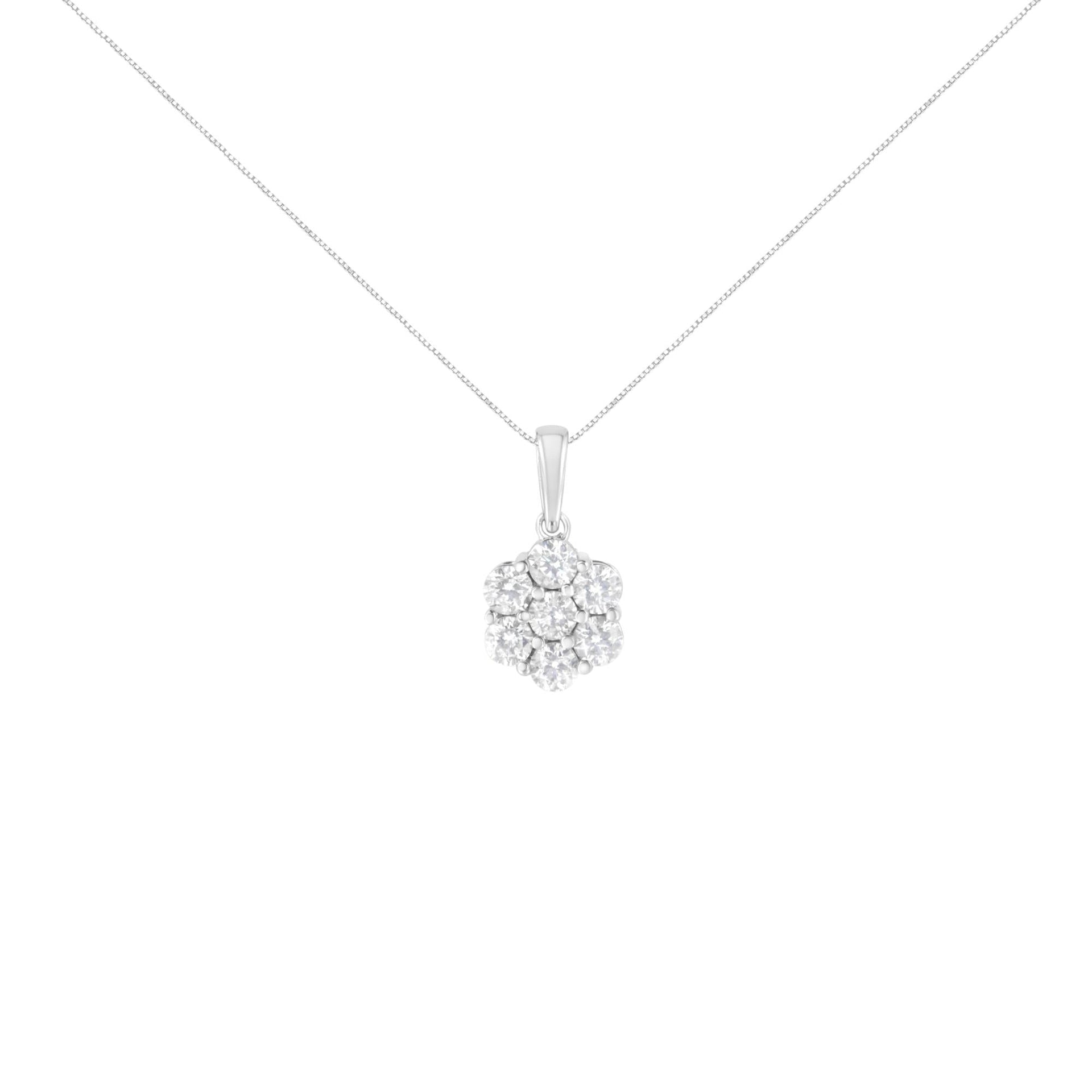 14K White Gold 2.00 Cttw Brilliant Round-Cut Diamond 7 Stone Flower Cluster 18' Pendant Necklace (H-I Color, SI2-I1 Clarity)
