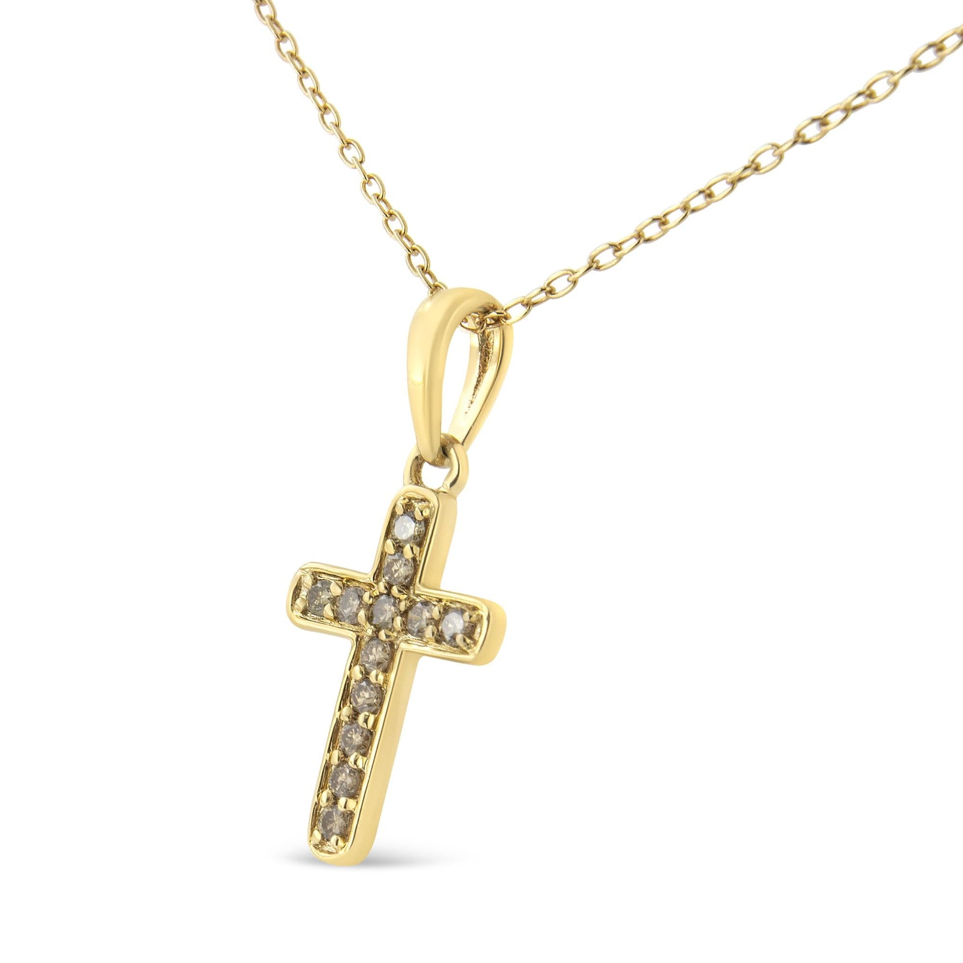 10K Yellow Gold Flashed .925 Sterling Silver 1/4 Cttw Champagne Diamond Cross Pendant Necklace (K-L Color, I1-I2 Clarity) - 18'
