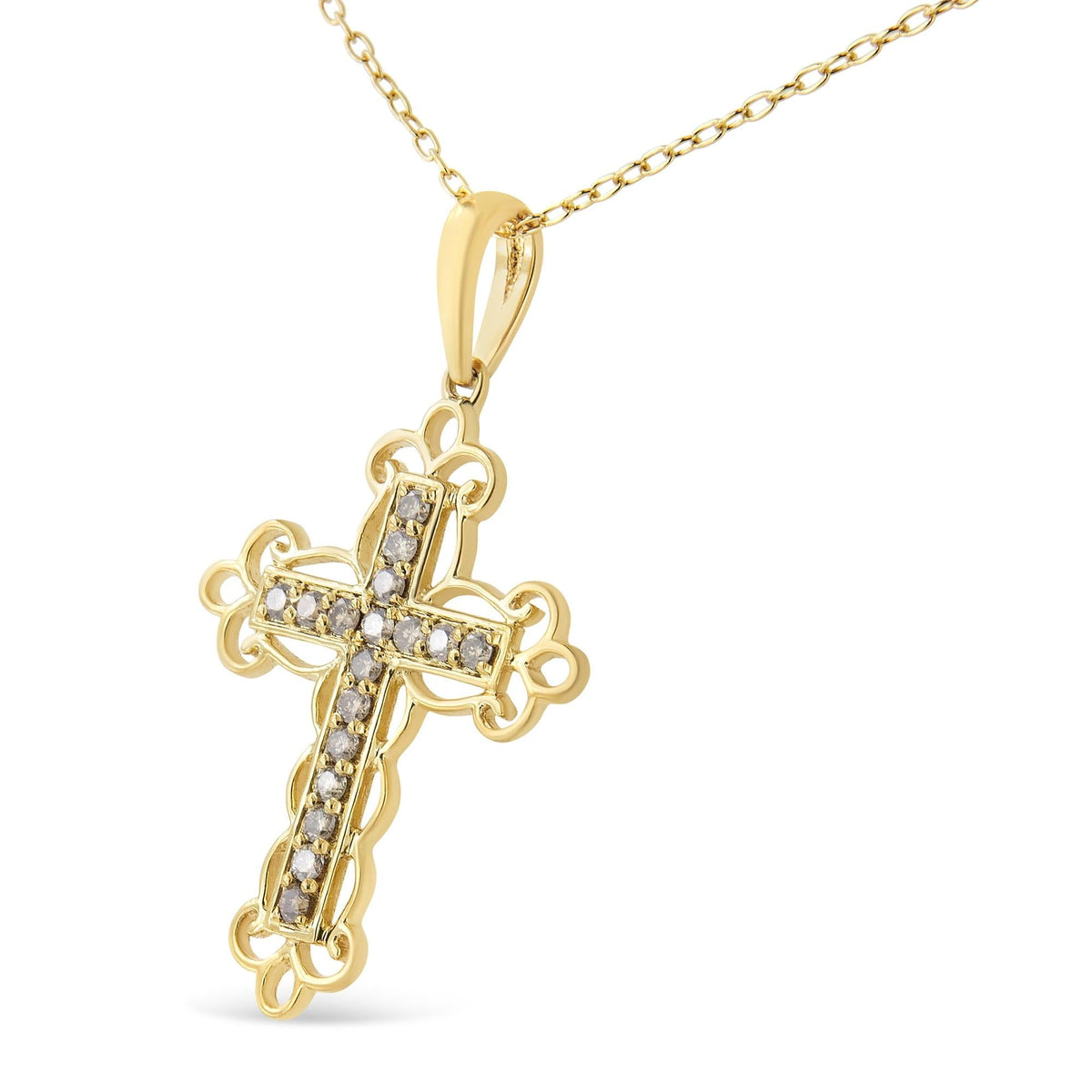 10K Yellow Flashed .925 Sterling Silver 1/4 Cttw Champagne Diamond Filigree Cross Pendant Necklace (K-L Color, I1-I2 Clarity) - 18'