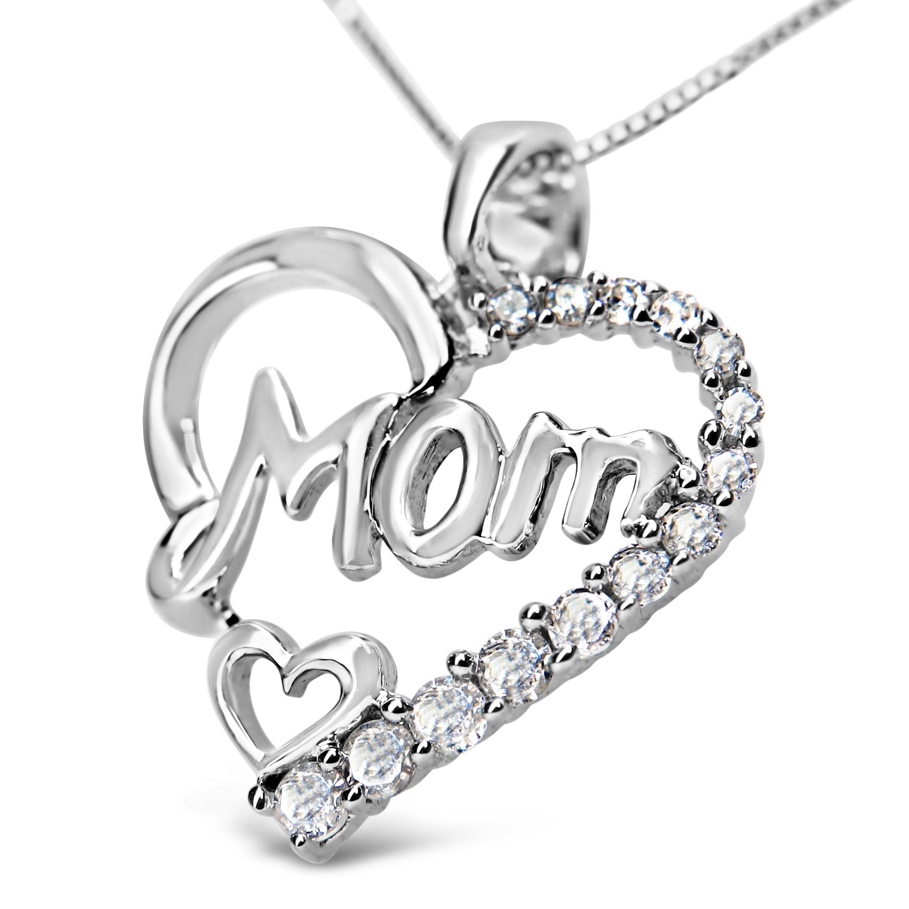 .925 Sterling Silver 1/4 Cttw Round Diamond 'Mom' Heart Pendant 18' Necklace (I-J Color, I3 Clarity)