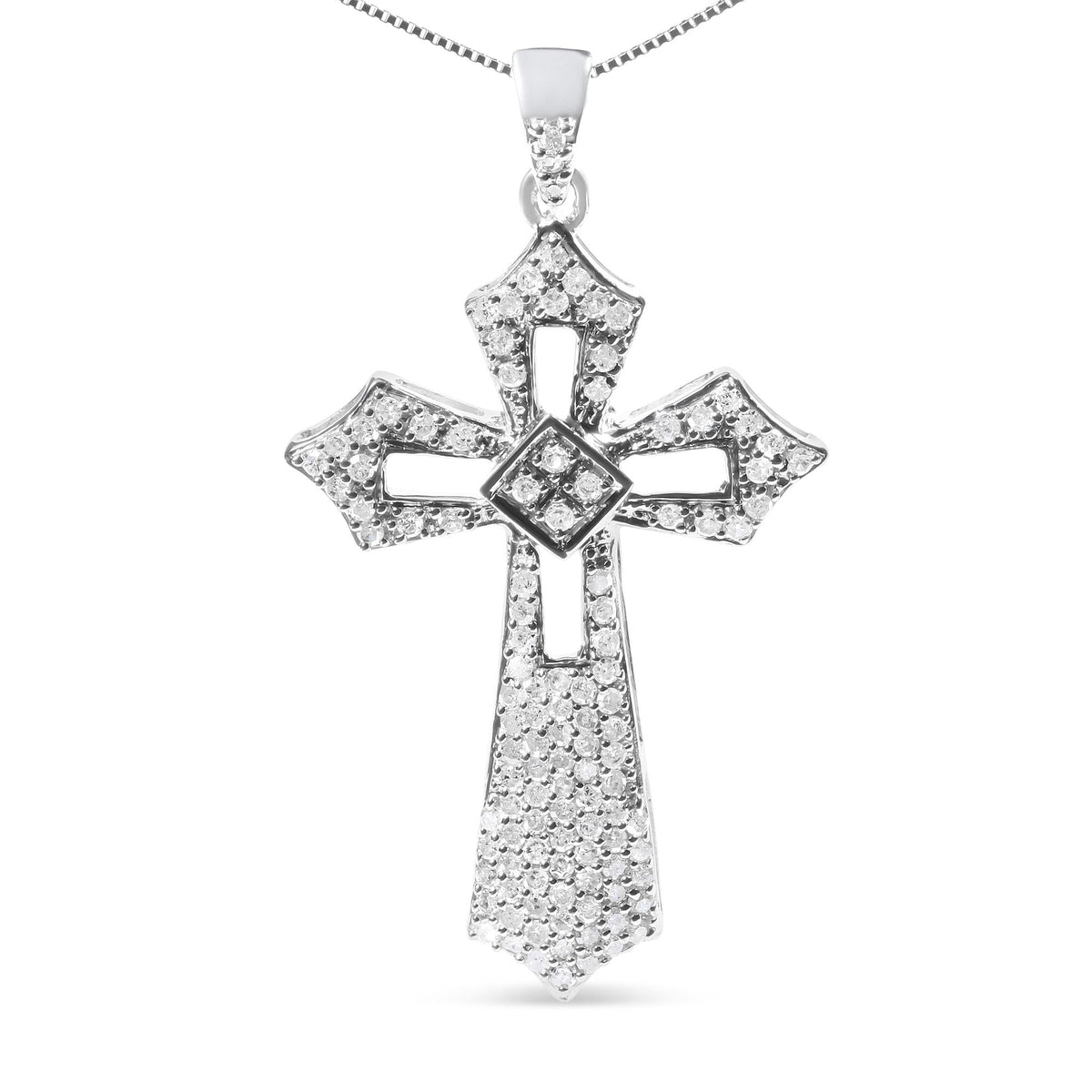 .925 Sterling Silver 1.00 Cttw Diamond Fleur De Lis Cross 18' Pendant Necklace (H-I Color, I2-I3 Clarity)