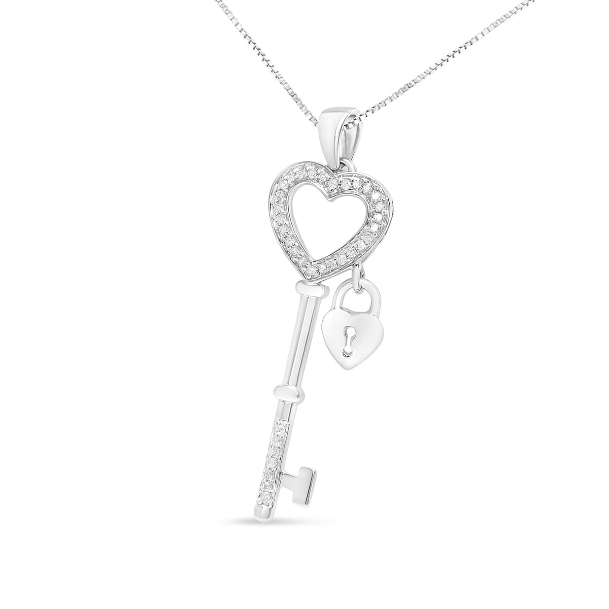 .925 Sterling Silver 1/4 Cttw Diamond Lock & Key heart 18' Pendant Necklace (I-J Color, I3 Clarity)