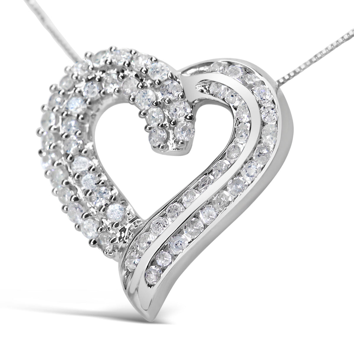 .925 Sterling Silver 1.0 Cttw Prong & Channel-Set Diamond Open work Ribbon Heart Pendant 18' Necklace (I-J Color, I3 Clarity)