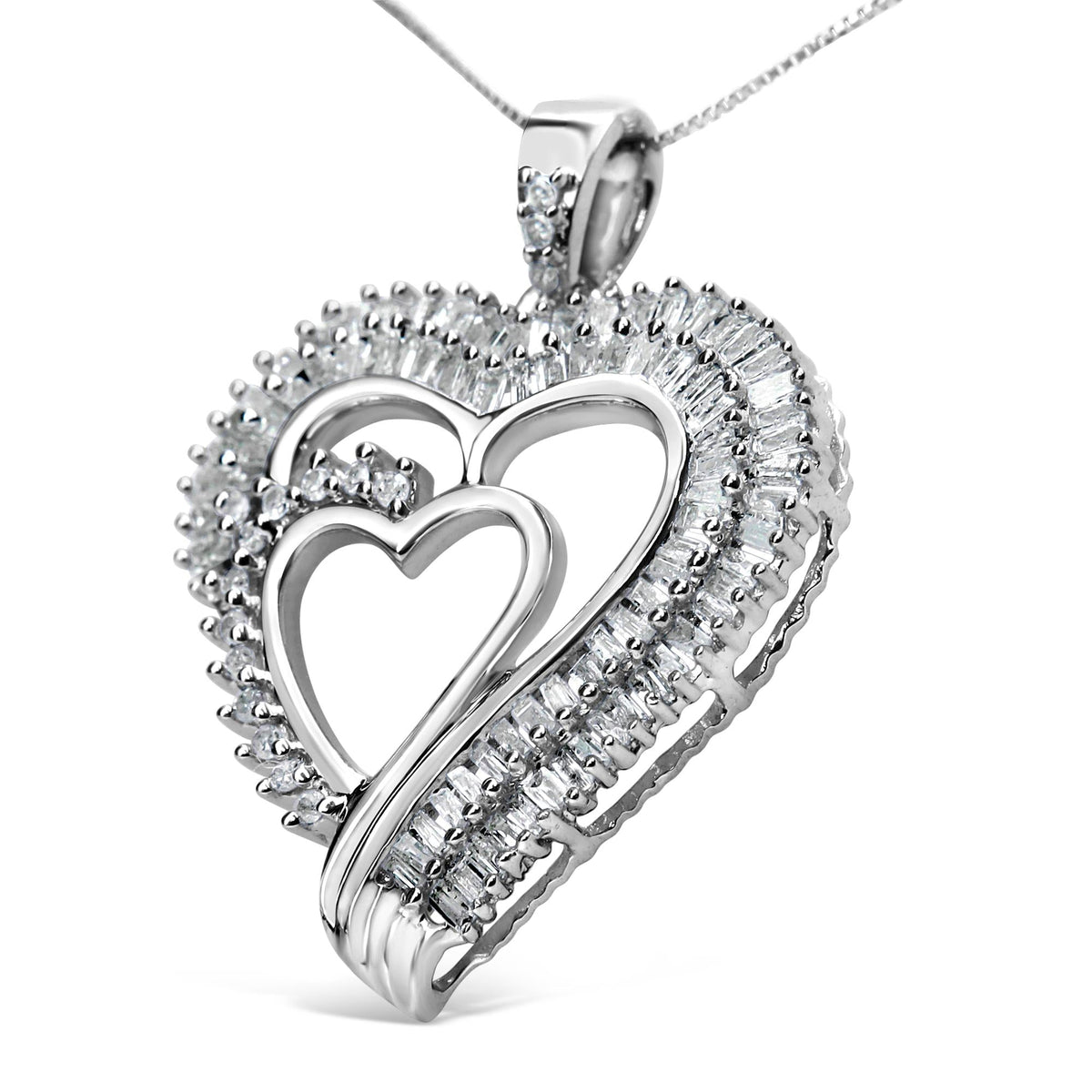 .925 Sterling Silver 3/4 Cttw Round and Baguette Diamond Double Heart Pendant 18' Necklace (I-J Color, I3 Clarity)