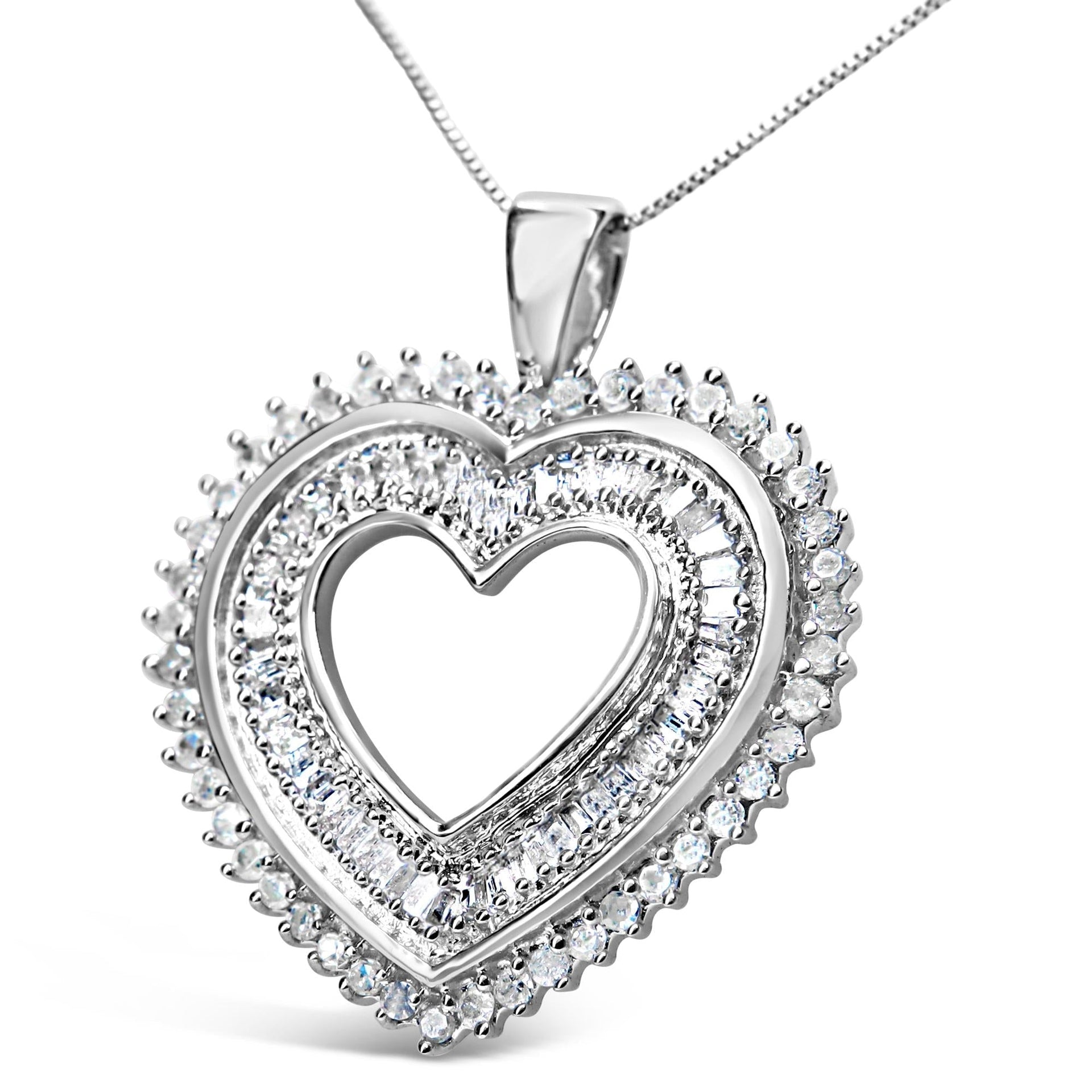 .925 Sterling Silver 1.0 Cttw Baguette and Round Diamond  Heart Pendant 18' Necklace (H-I Color, I3 Clarity)