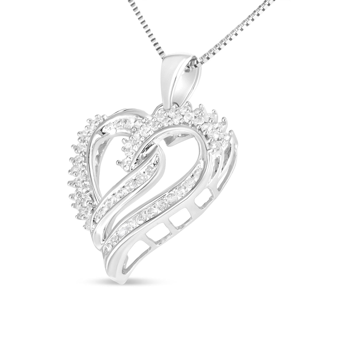 .925 Sterling Silver 1/2 Cttw Diamond Double Row Openwork Heart Pendant 18' Necklace (I-J Color, I3 Clarity)