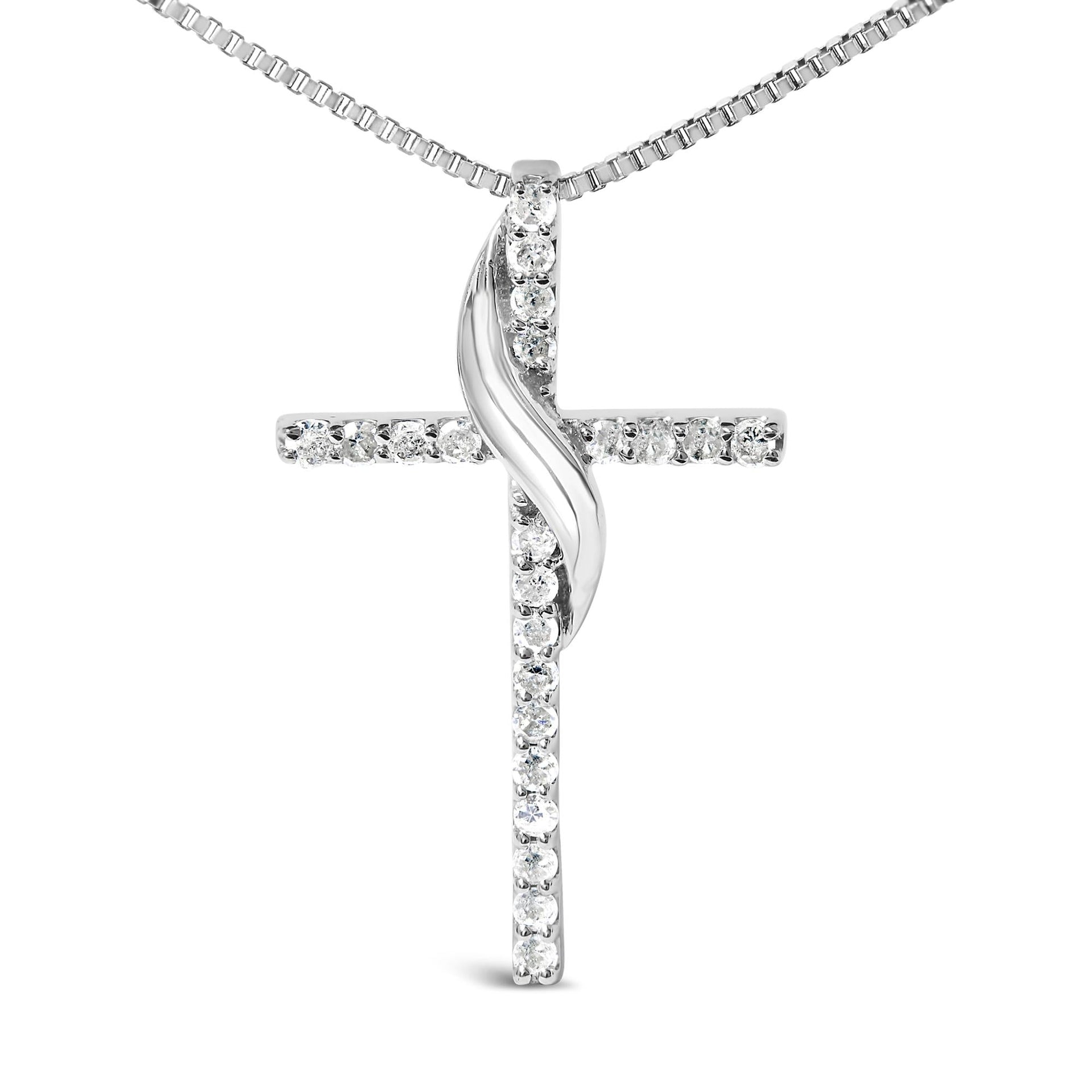 .925 Sterling Silver 1/4 Cttw Diamond Ribbon Swirl over Cross Pendant Necklace (H-I Color, I2-I3 Clarity) - 18' Inches