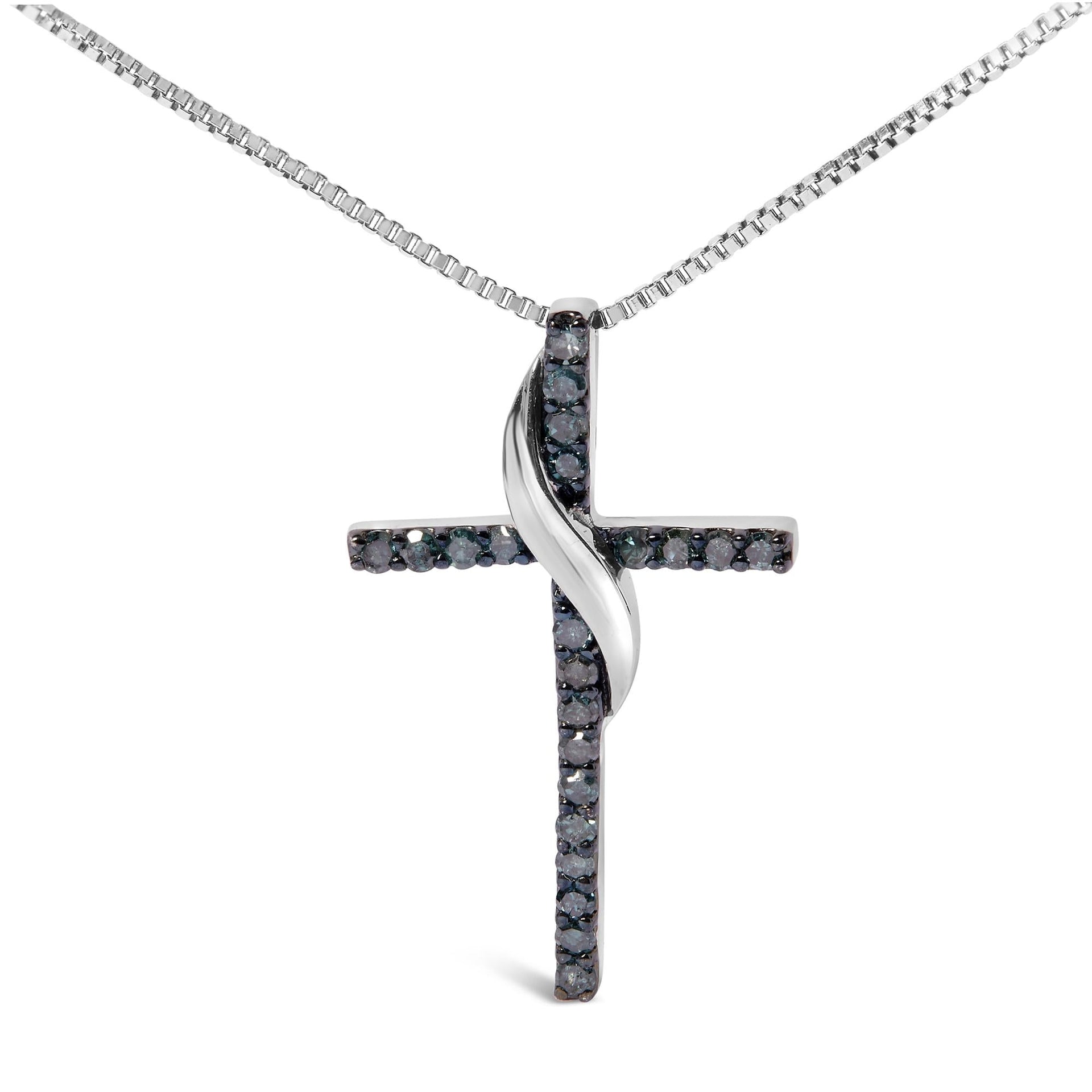 .925 Sterling Silver 1/4 Cttw Blue Diamond Ribbon Swirl over Cross Pendant Necklace (Blue Color, I2-I3 Clarity) - 18' Inches