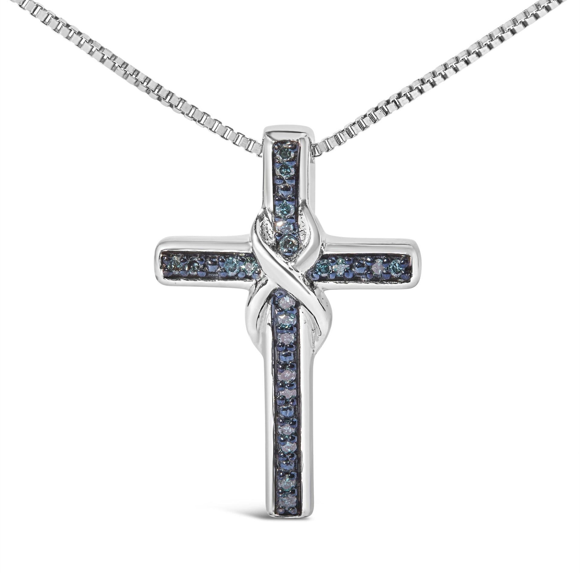 .925 Sterling Silver 1/10 Cttw Blue Diamond Inlaid Cross with Ribbon Pendant Necklace (Blue Color, I2-I3 Clarity) - 18'