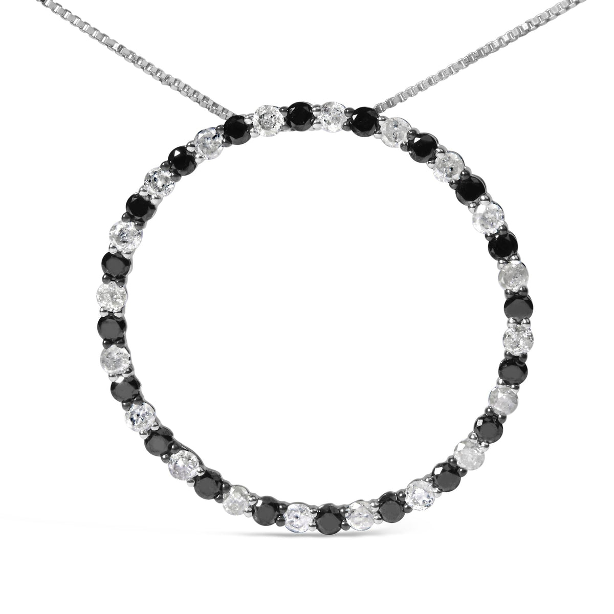 .925 Sterling Silver 2.0 Cttw Alternating Black and White Diamond Open Hoop Circle Pendant Necklace (H-I Color, I2-I3 Clarity) - 18' Inches