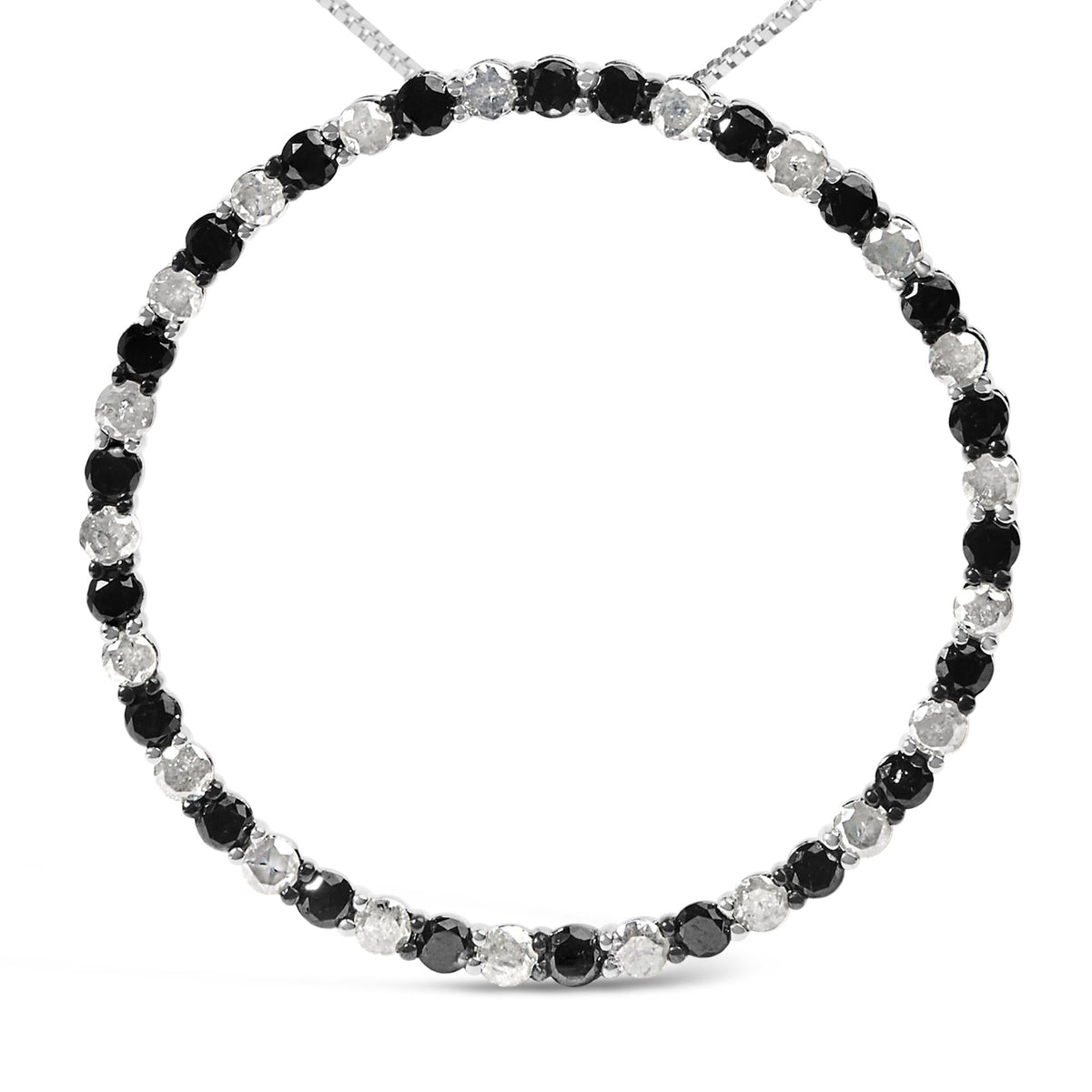 .925 Sterling Silver 3.0 Cttw Alternating Black and White Diamond Open Hoop Circle Pendant Necklace (H-I Color, I3 Clarity) - 18' Inches