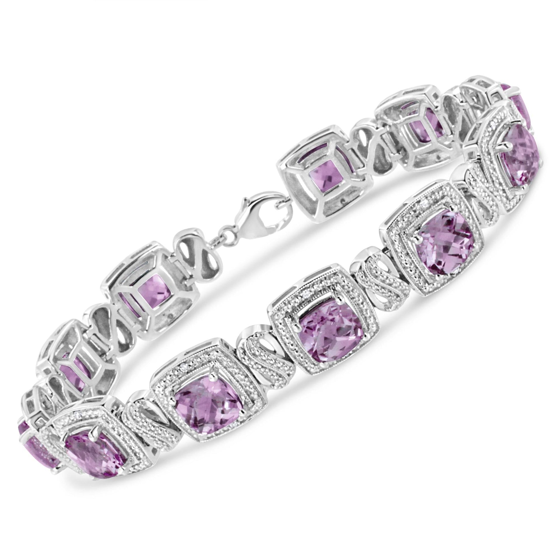 .925 Sterling Silver 7x7 mm Cushion Cut Purple Amethyst and 1/10 cttw Round Cut Diamond Square Shape Tennis Bracelet (I-J Color, I1-I2 Clarity) - 7'