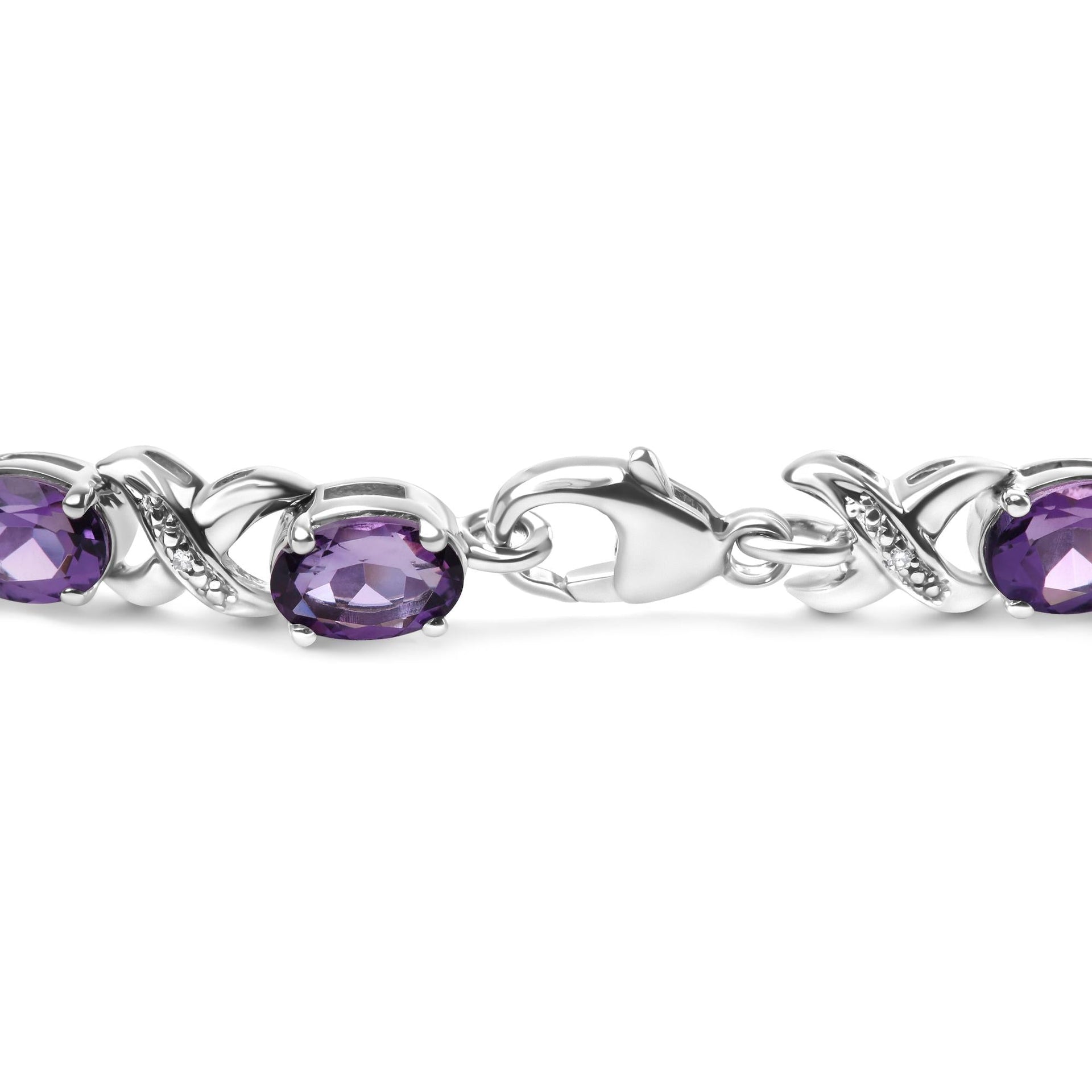 .925 Sterling Silver 7x5mm Oval Amethyst and Diamond Accent X-Link Bracelet (H-I Color, SI1-SI2 Clarity)  - Size 7'