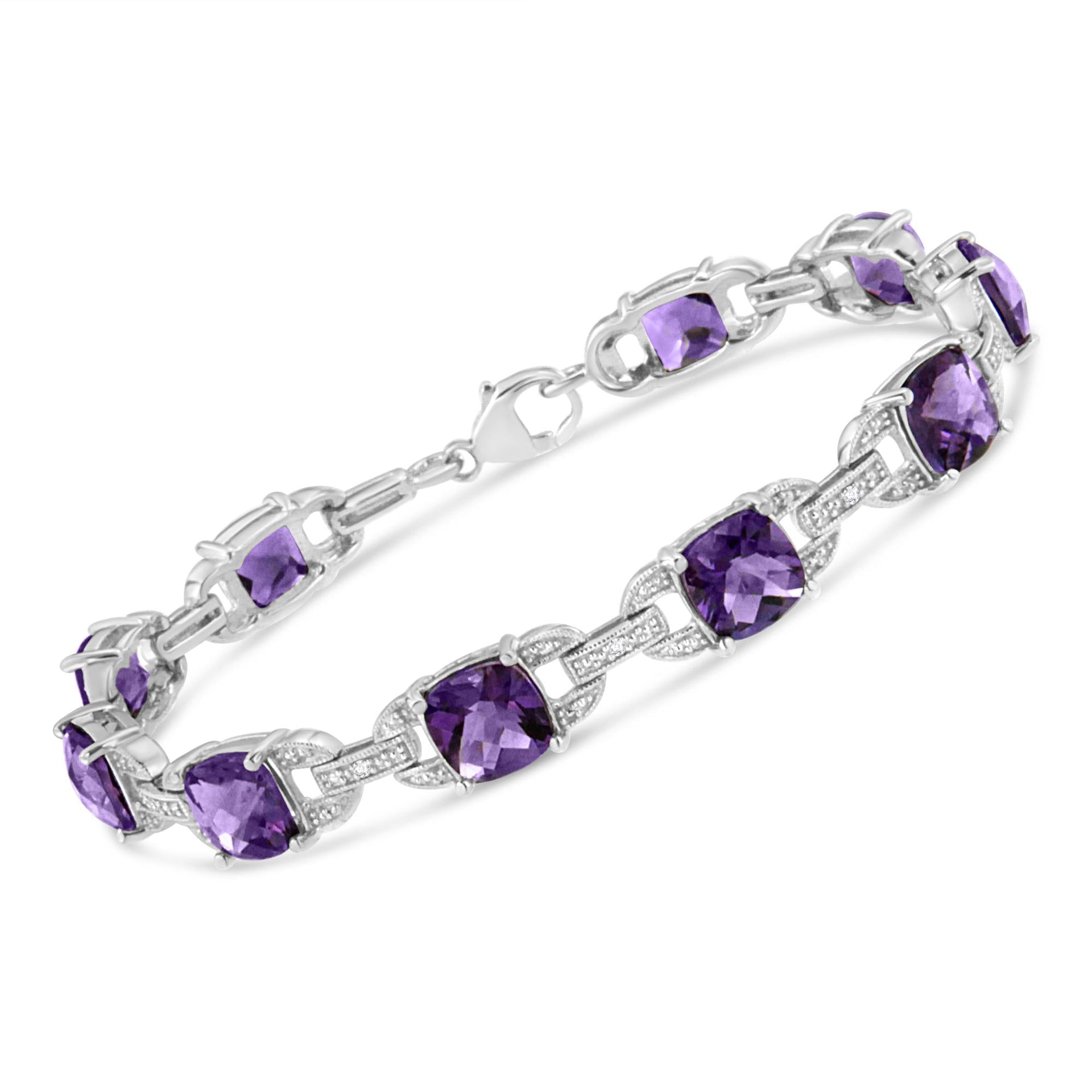 .925 Sterling Silver 7mm Cushion Cut Amethyst Gemstone and Diamond Tennis Link Bracelet (I-J Color, I1-I2 Clarity) - Size 7'