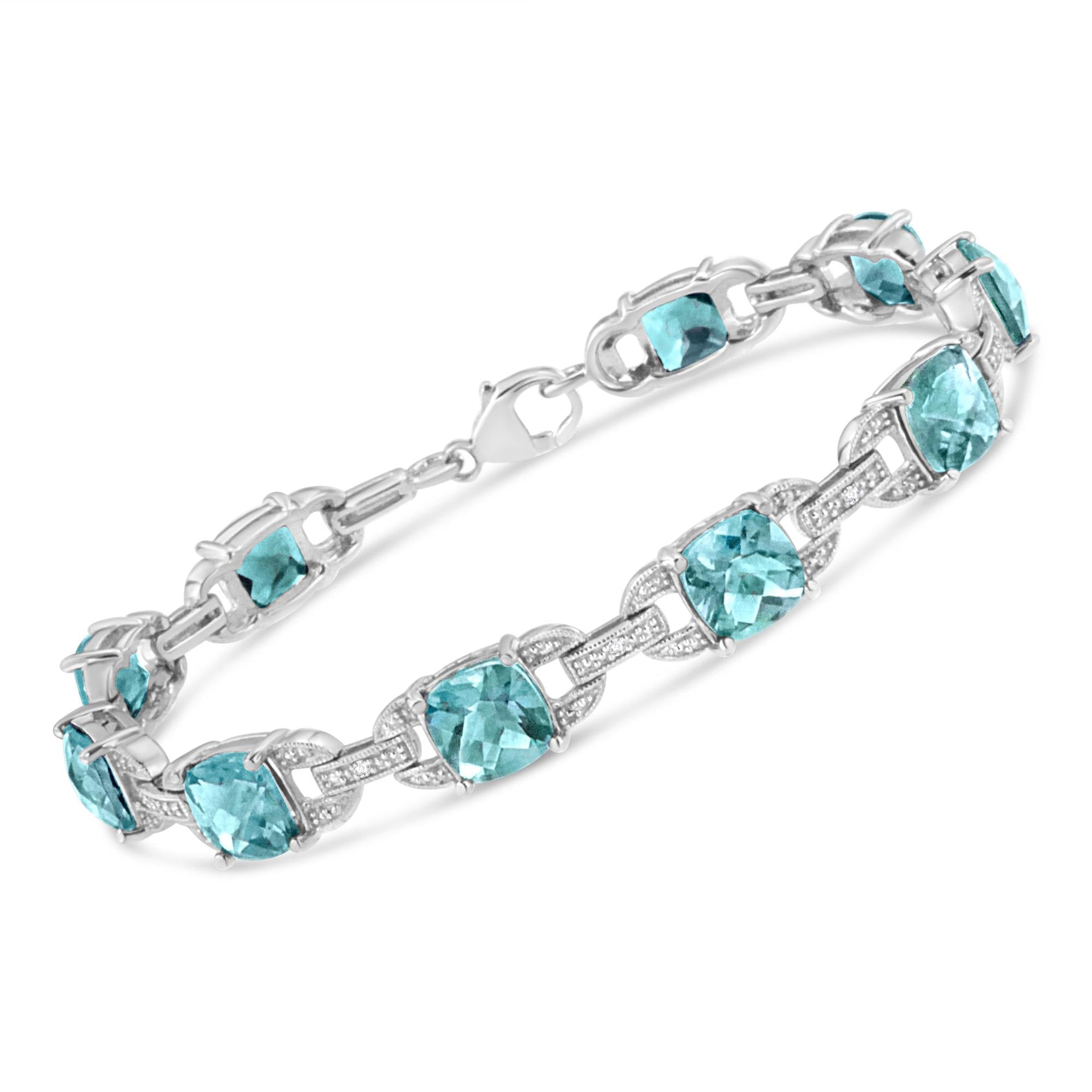 .925 Sterling Silver 7x7 mm Cushion Cut Blue Topaz and 1/20 cttw Round Cut Diamond Fashion Tennis Bracelet (I-J Color, I1-I2 Clarity) - 7'