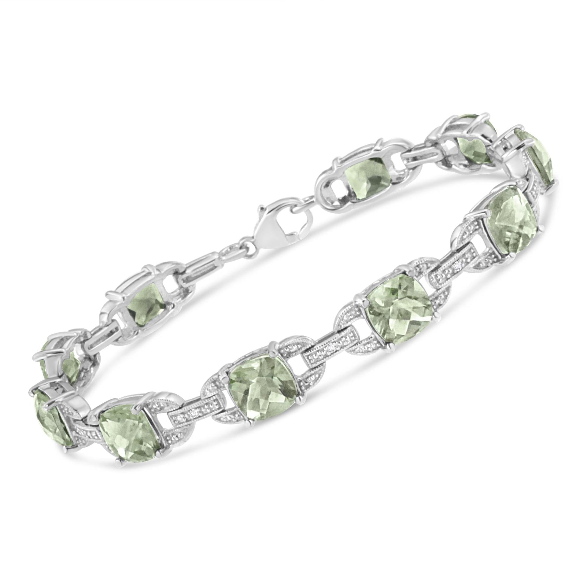 .925 Sterling Silver 7x7 mm Cushion Cut Green Amethyst and 1/20 cttw Round Cut Diamond Fashion Tennis Bracelet (I-J Color, I1-I2 Clarity) - 7'