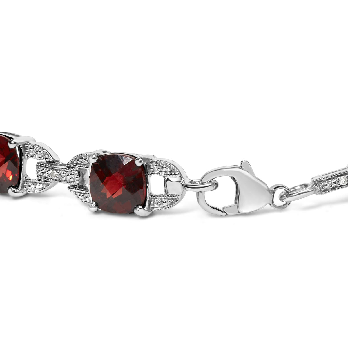 .925 Sterling Silver 7x7mm Checkered Cushion Red Garnet and Diamond Accent Fashion Tennis Link Bracelet (I-J Color, I1-I2 Clarity) - Size 7' Inch