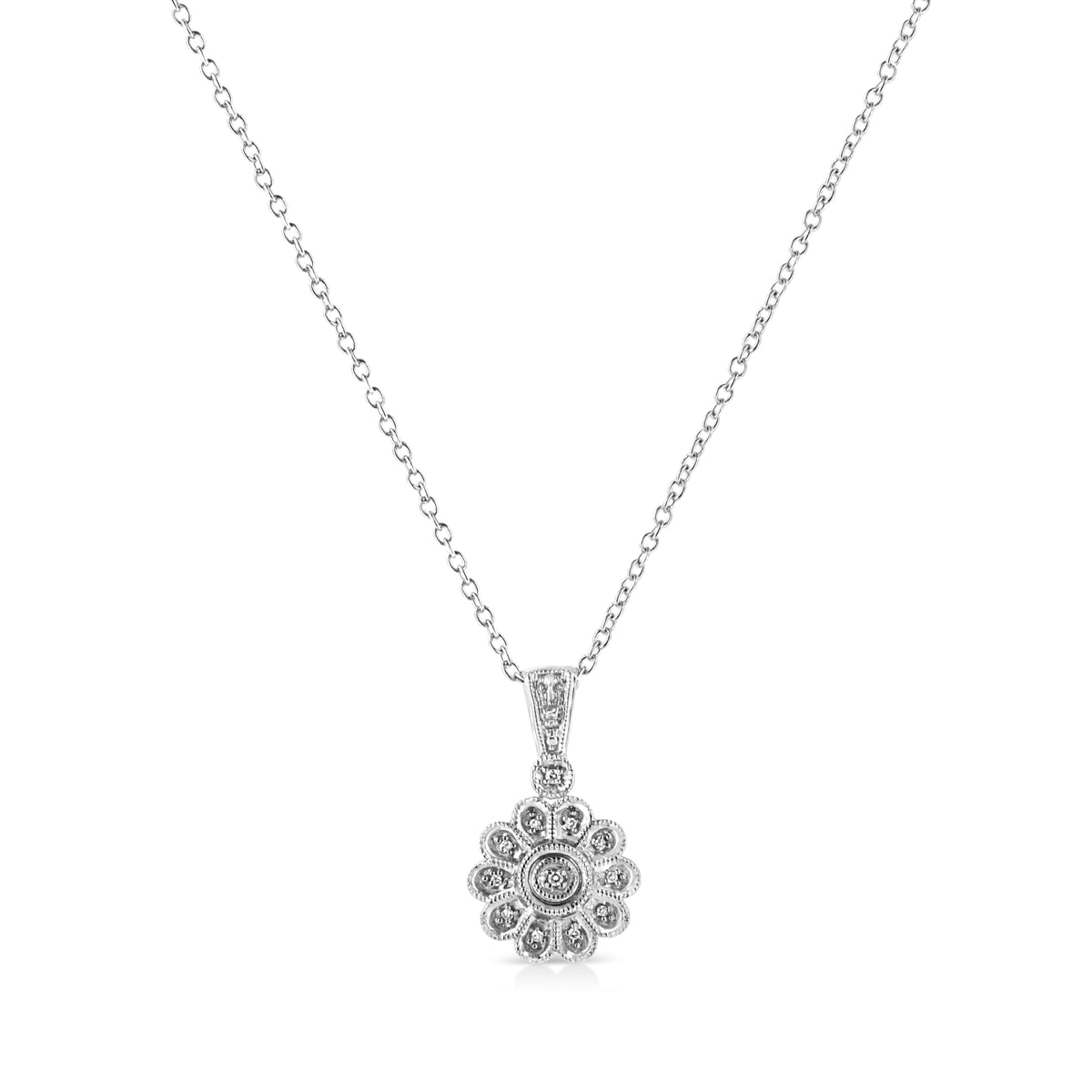 .925 Sterling Silver Diamond Accent Sunburst Milgrain 18' Pendant Necklace (I-J Color, I1-I2 Clarity)
