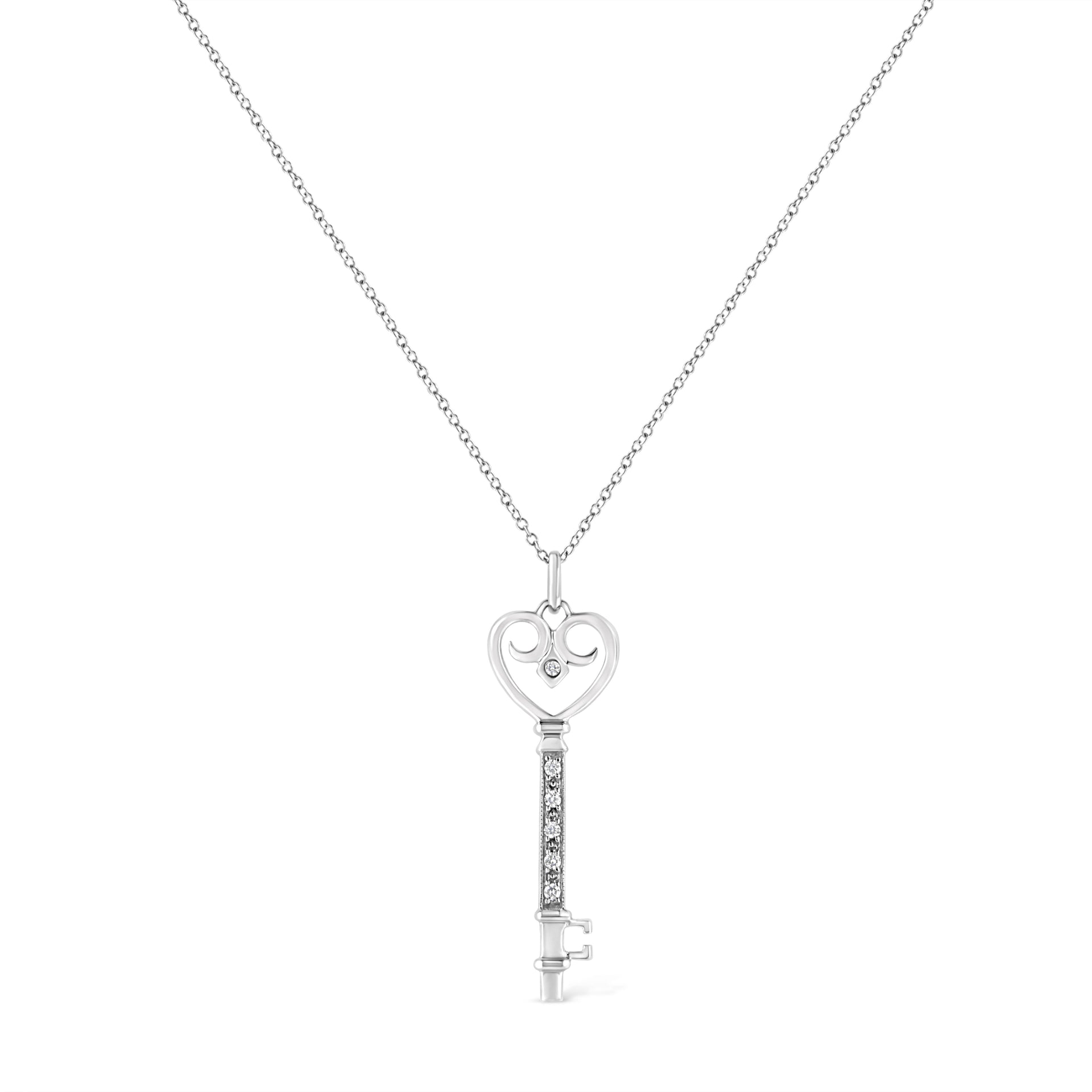 .925 Sterling Silver Pave and Bezel-Set Diamond Accent Key 18' Heart and Lock Pendant Necklace (K-L Color, I1-I2 Clarity)