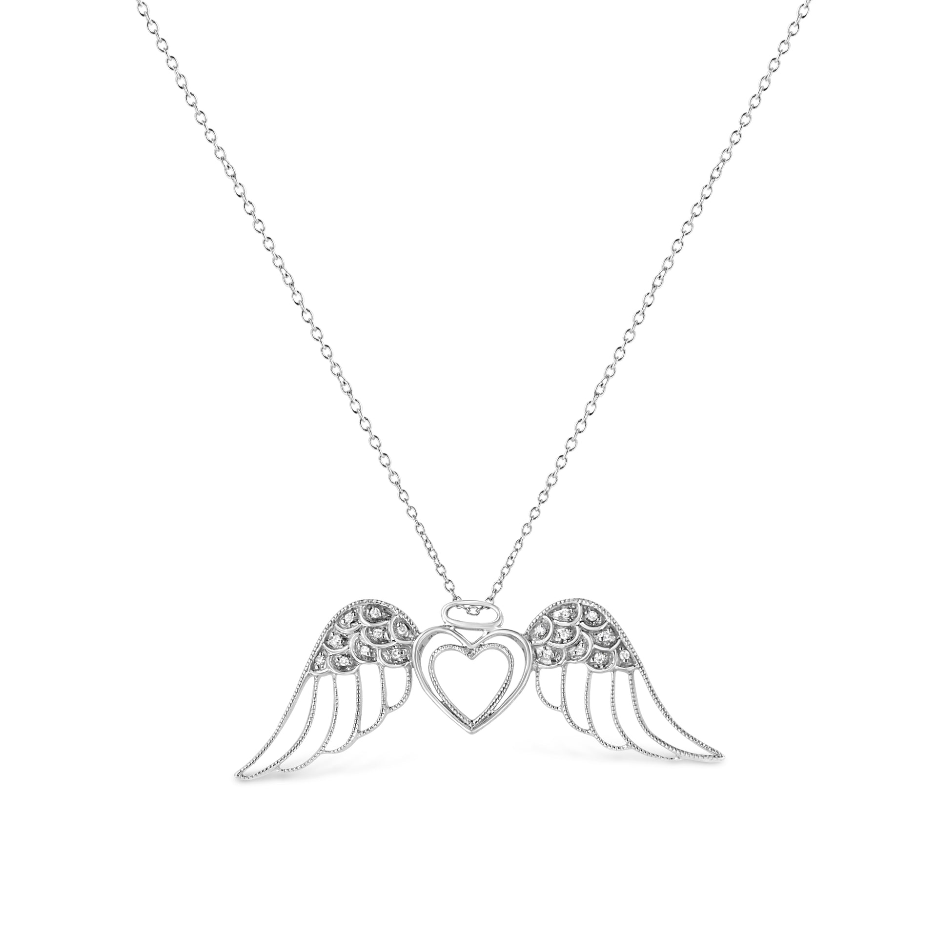 .925 Sterling Silver Pave-Set Diamond Accent Angel Wing 18' Double Heart Pendant Necklace (I-J Color, I1-I2 Clarity)