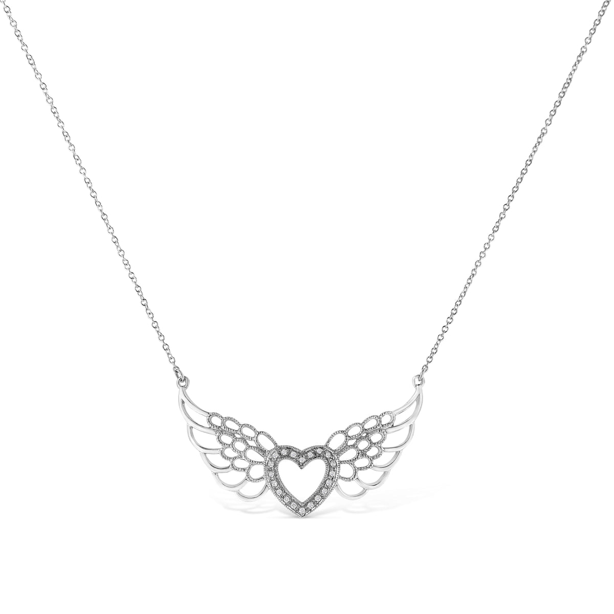.925 Sterling Silver Pave-Set Diamond Accent Fairy Wing 18' Heart Pendant Necklace (I-J Color, I1-I2 Clarity)