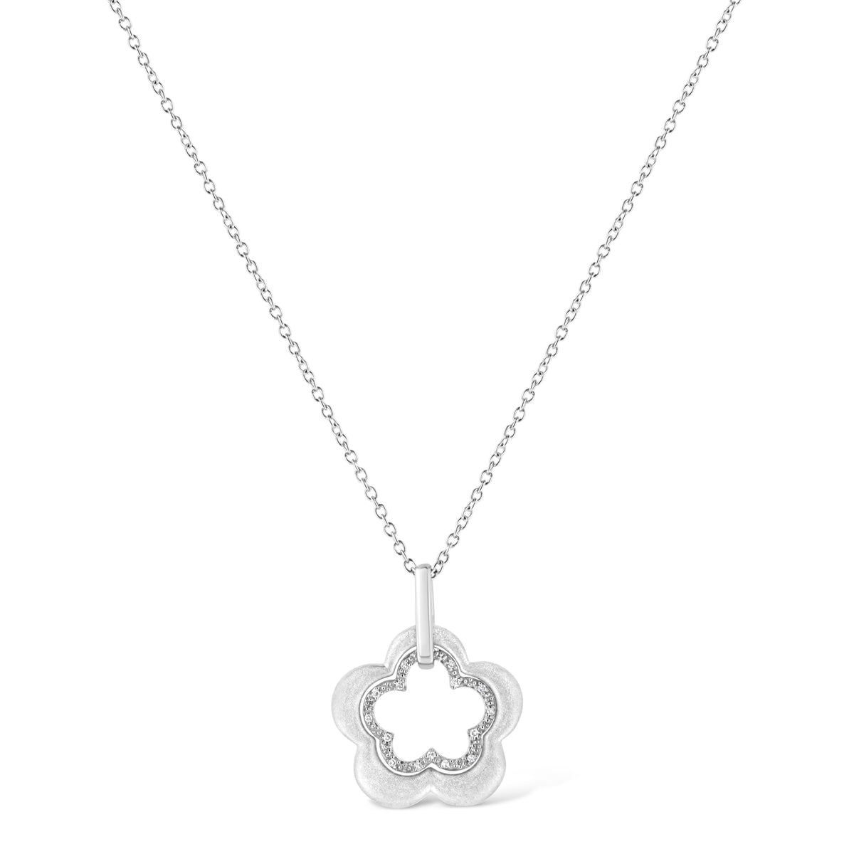 Matte Finished .925 Sterling Silver Diamond Accent Double Flower Shape 18' Satin Finished Pendant Necklace (I-J Color, I1-I2 Clarity)