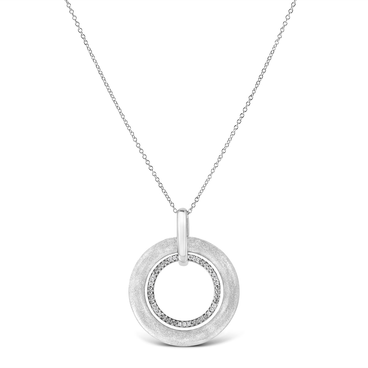 .925 Sterling Silver Prong-Set Diamond Accent Satin Finished Double Circle 18' Pendant Necklace (I-J Color, I1-I2 Clarity)