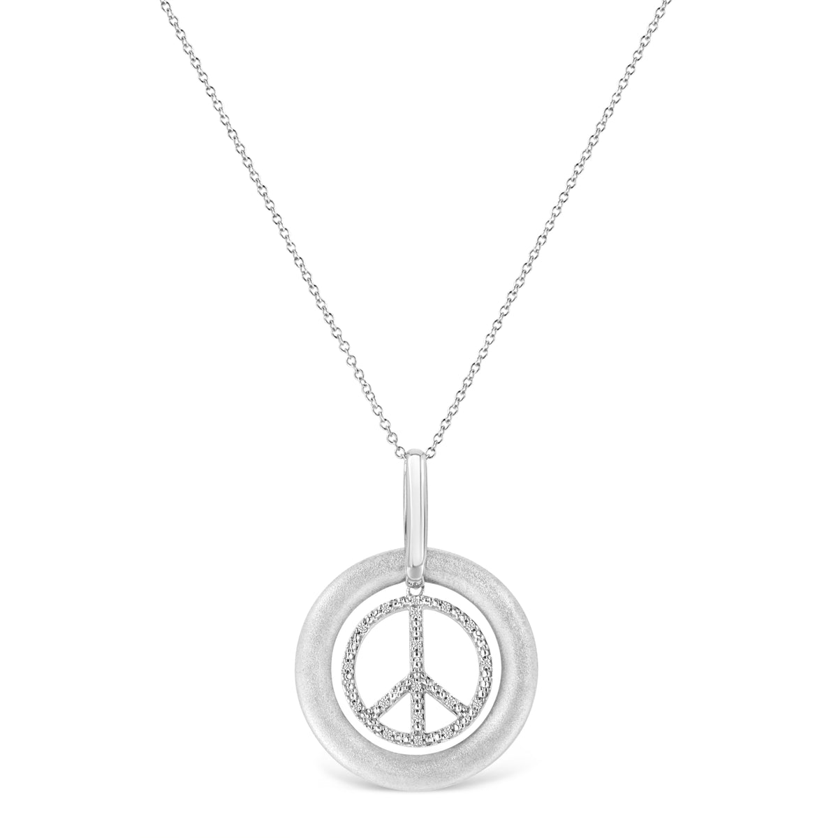 Matte Finish .925 Sterling Silver Diamond Accent Dancing Peace Sign 18' Pendant Necklace (I-J Color, I1-I2 Clarity)