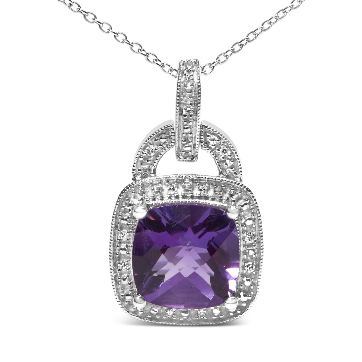 .925 Sterling Silver 10X10 MM Cushion Purple Amethyst and Diamond Accent Halo 18' Pendant Necklace (I-J Color, I1-I2 Clarity)